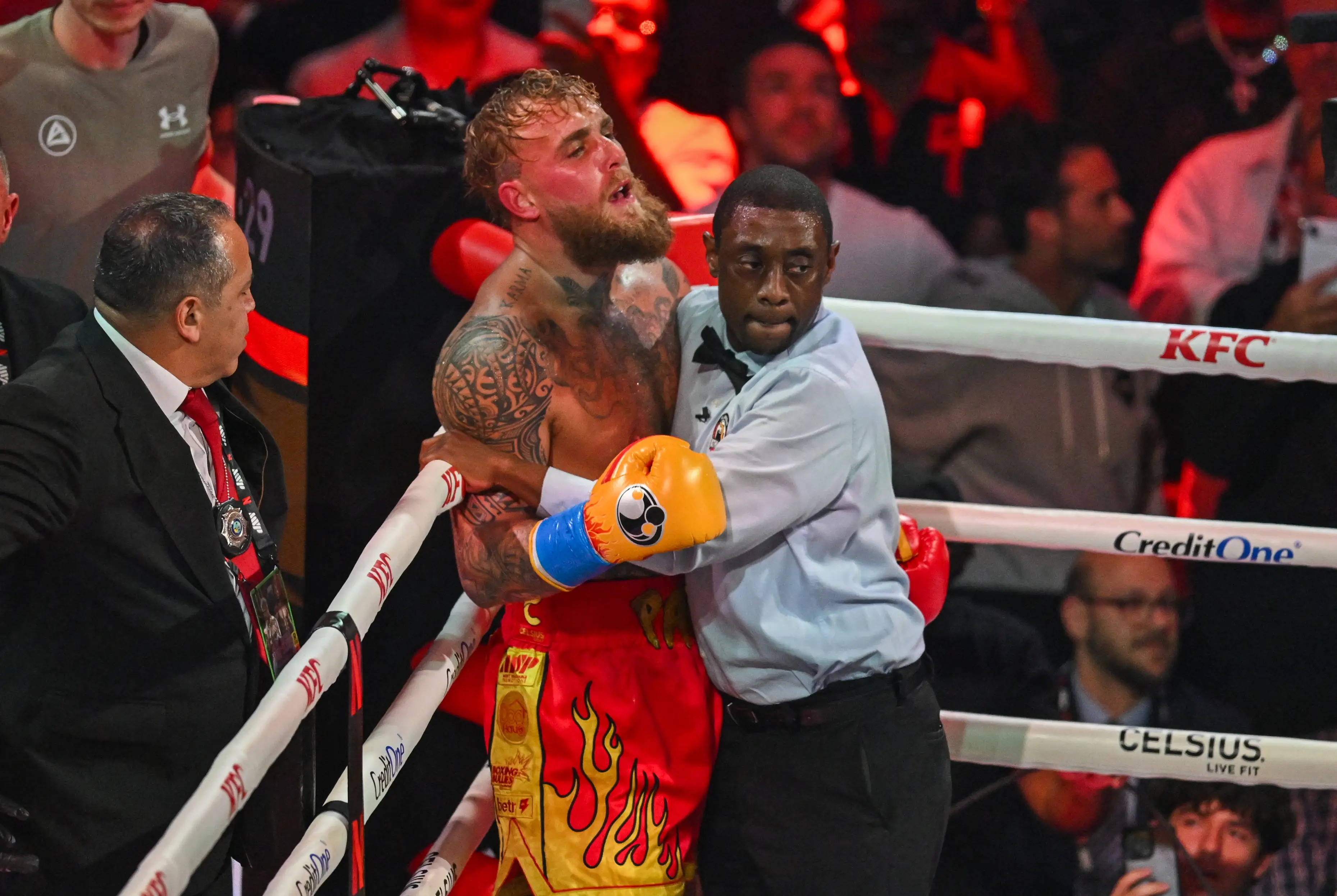 The Referee holds up Jake Paul after his defeat to Anthony Joshua. Image: Getty