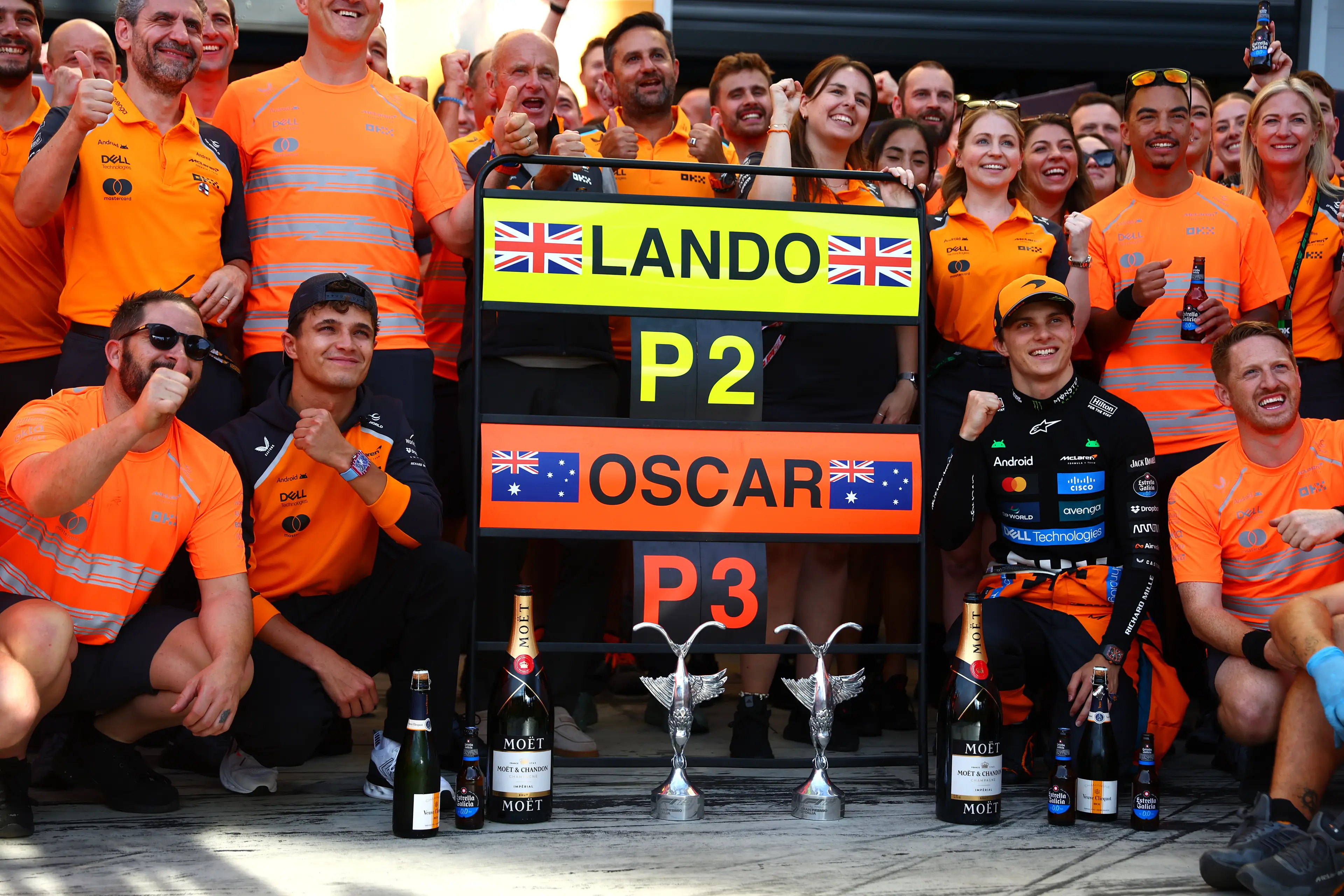 Oscar Piastri and Lando Norris celebrate at the Italian GP. Image: Joe Portlock / Stringer via Getty