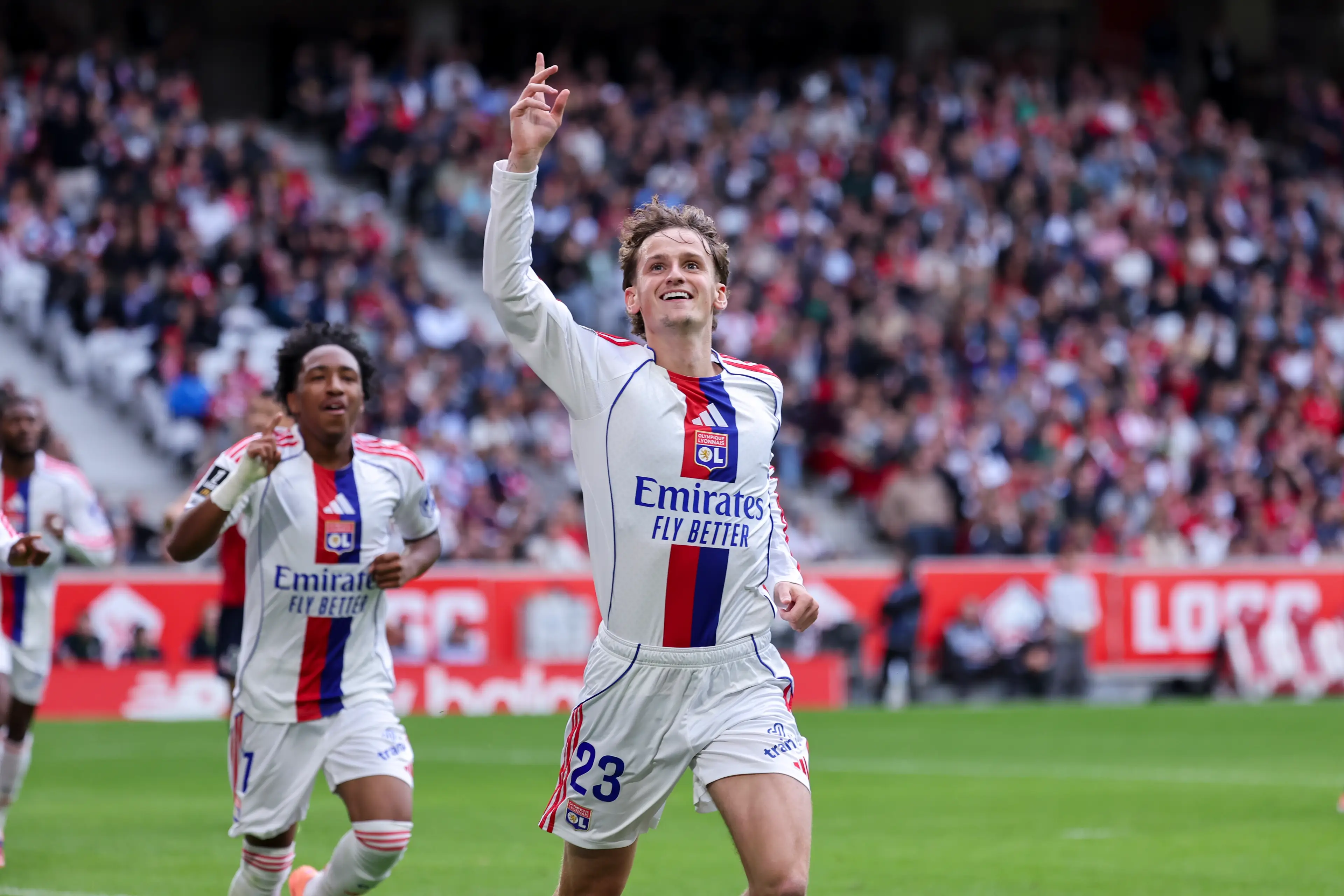 Tyler Morton celebrates his first goal for Lyon. Image: Catherine Steenkeste / Contributor via Getty