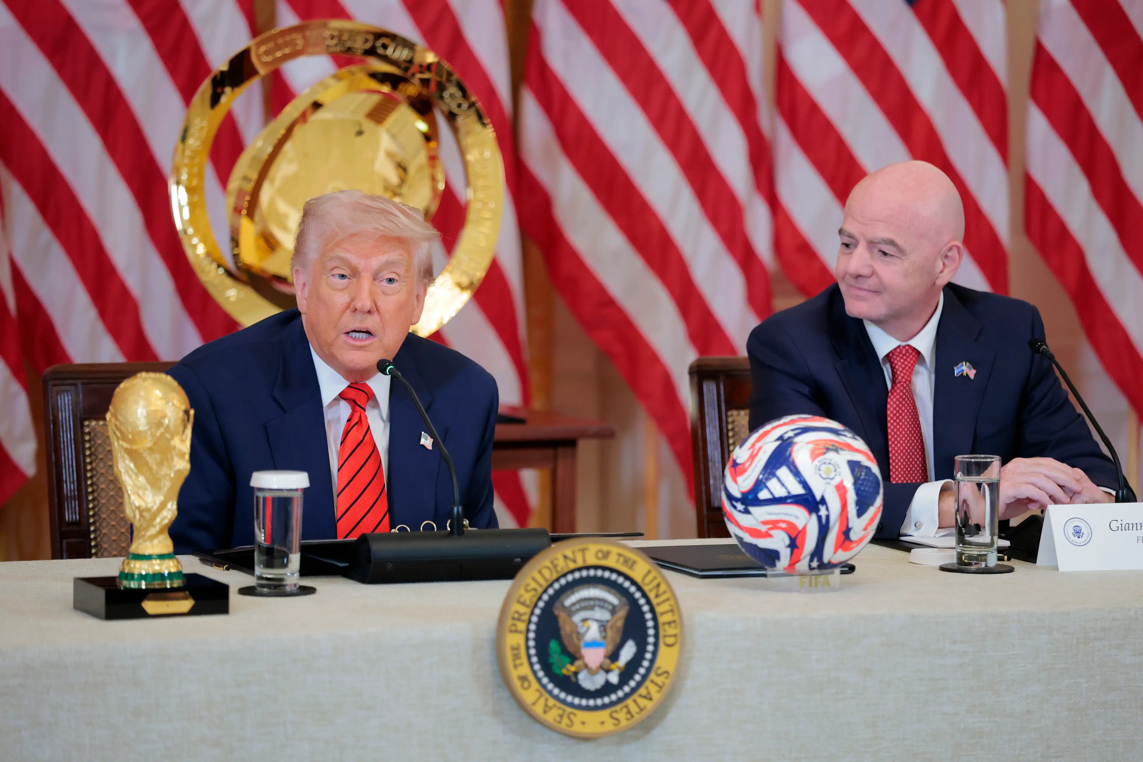 Donald Trump was joined by Gianni Infantino for the US president's first meeting of his administration's 2026 World Cup taskforce. Image: Getty
