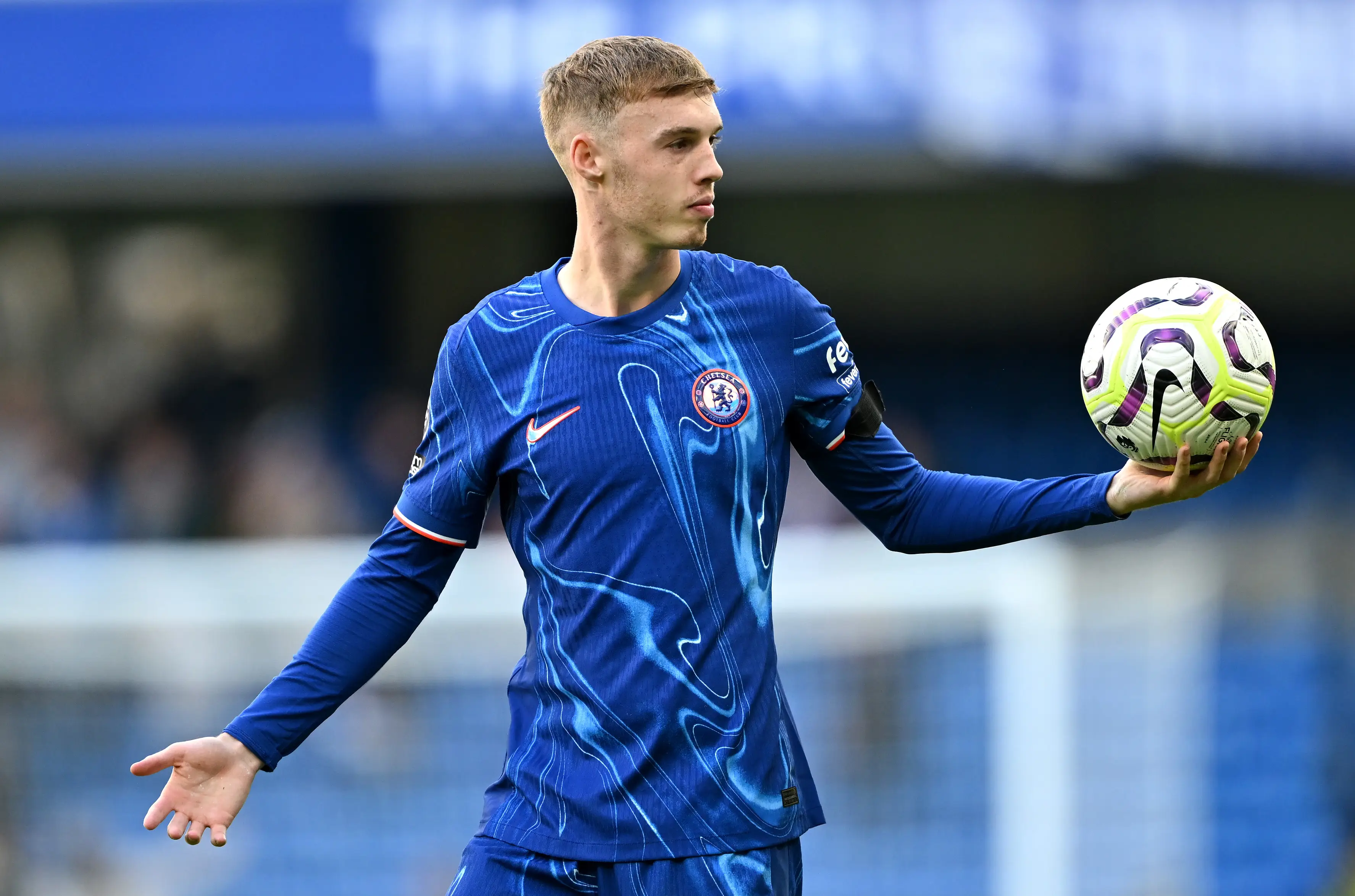 Cole Palmer with the match ball after his four-goal haul. Image: Getty