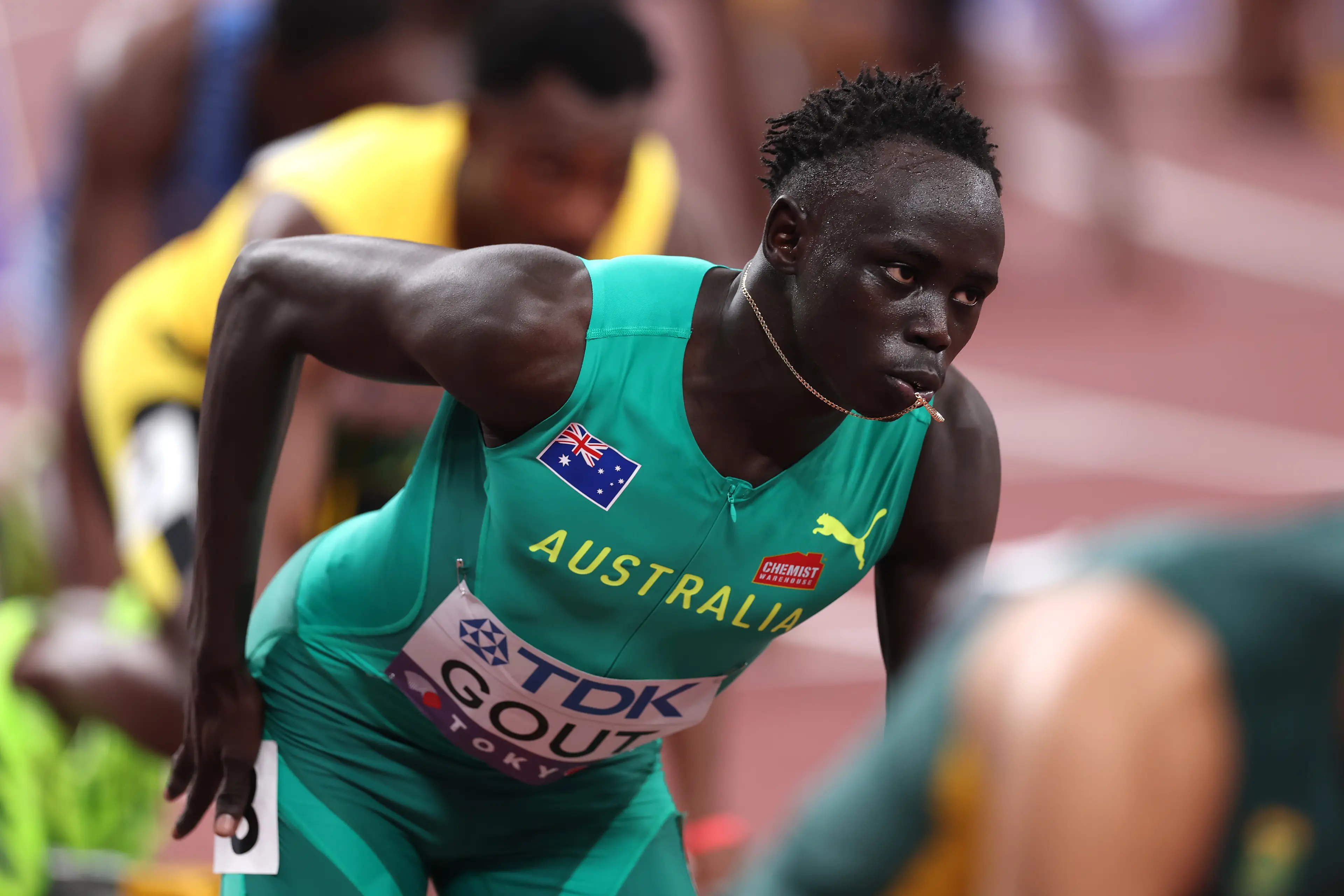 Gout Gout prepares to compete in the Men's 200 Metres Heats on day five of the World Athletics Championships in Tokyo. Image credit: Getty