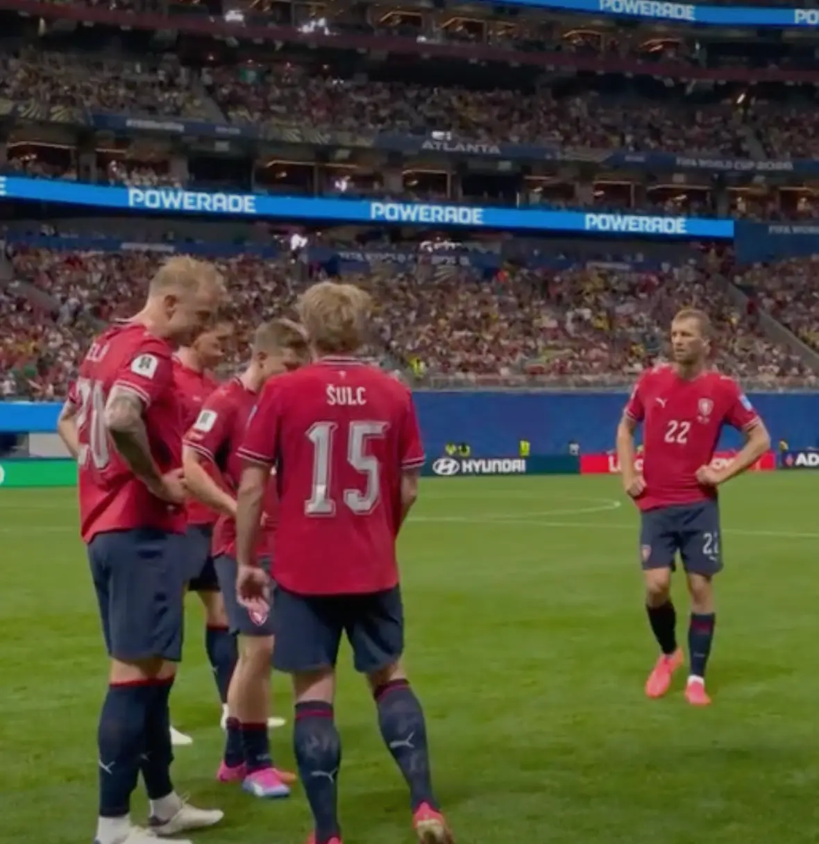 Czech players during the hydration break. Image credit: BBC