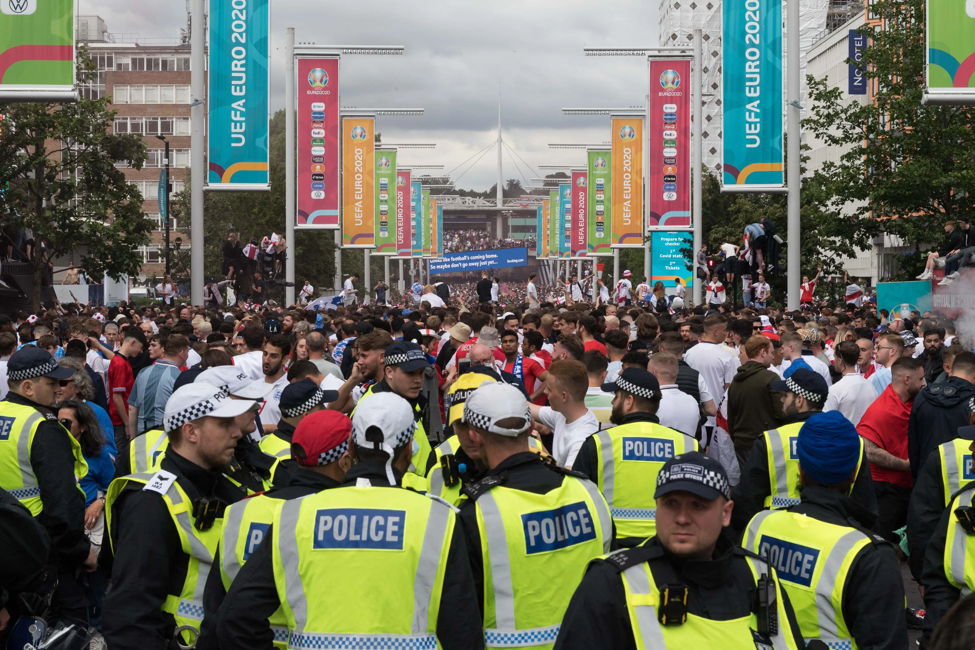 The Euro 2020 final was marred by ticketless fan disorder outside Wembley (Image: Getty)