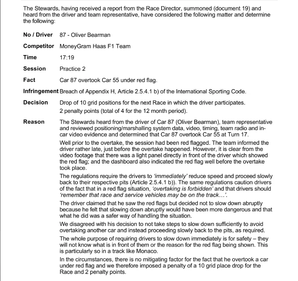 The FIA's official statement on Oliver Bearman's 10-place penalty (Image: FIA)