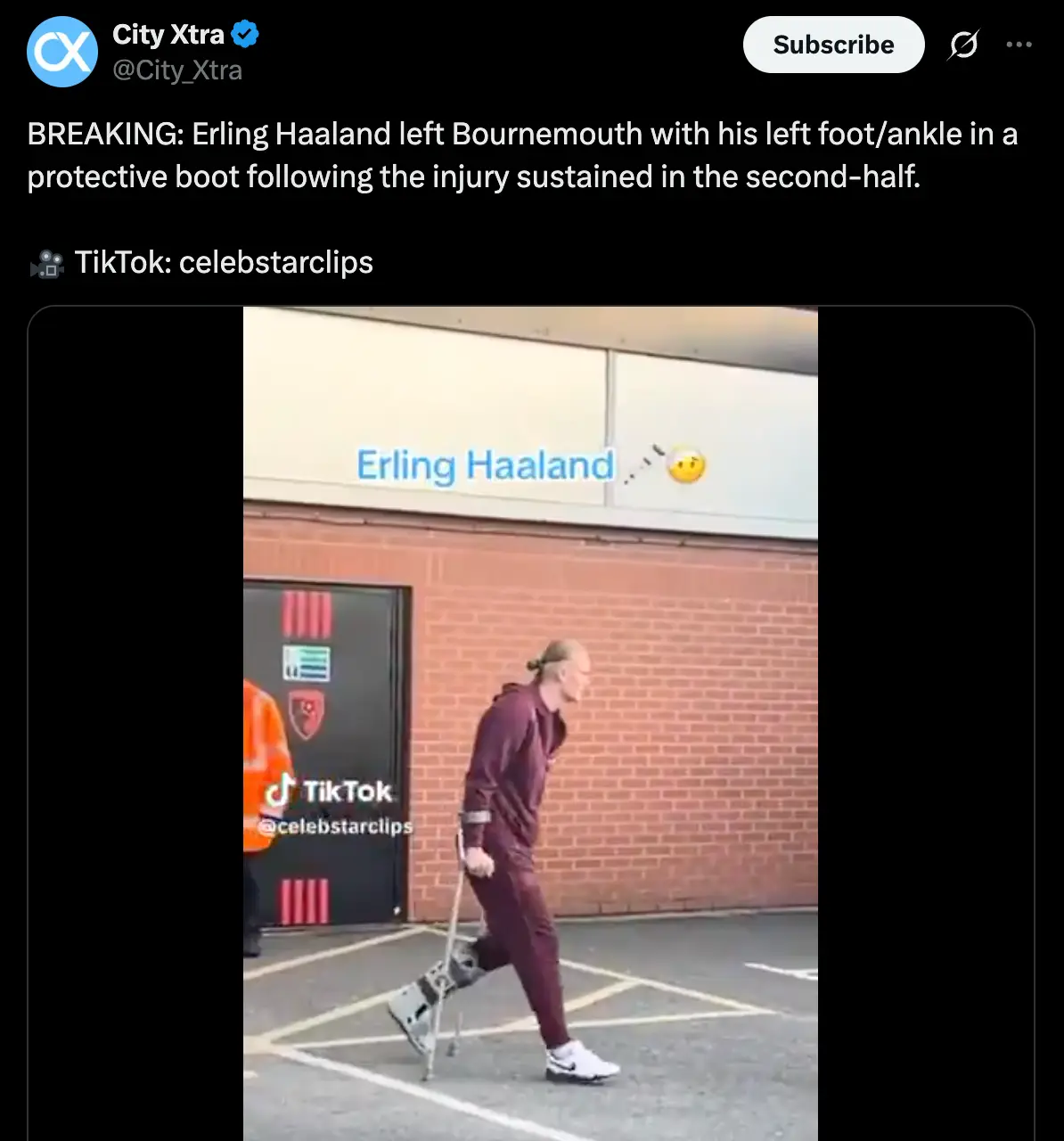 Haaland was pictured on crutches after the Bournemouth win (Image: Twitter/TikTok)