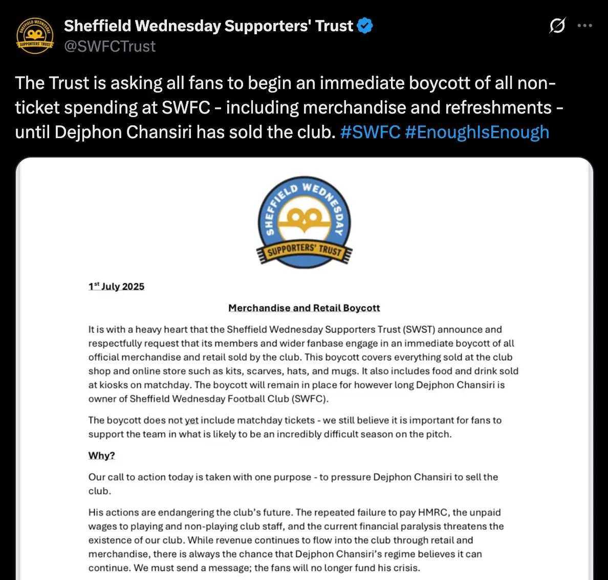 The SWFC Trust announced a boycott of the club's merchandise and retail sector last week (Image: Getty)