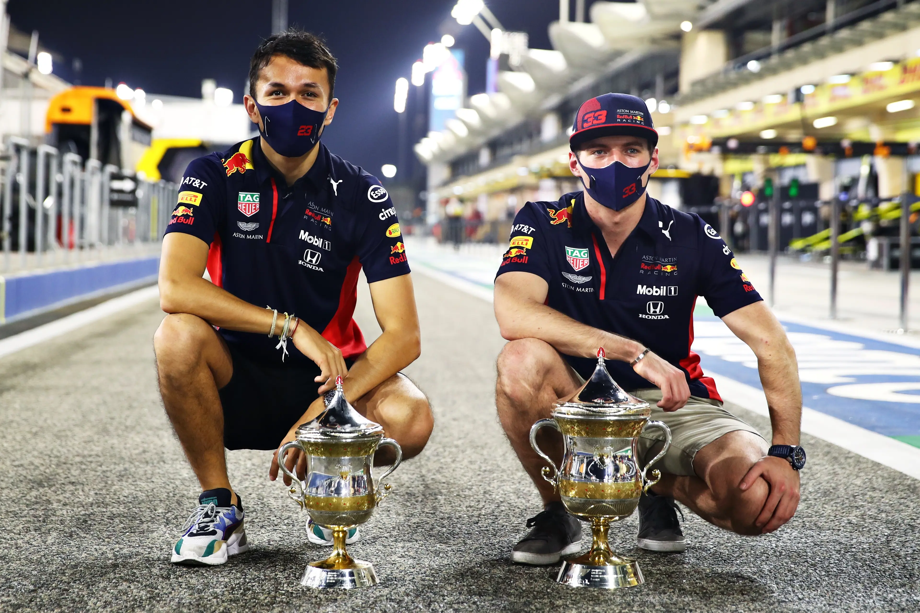 Alex Albon and Max Verstappen following the 2020 Bahrain Grand Prix (credit: Getty)