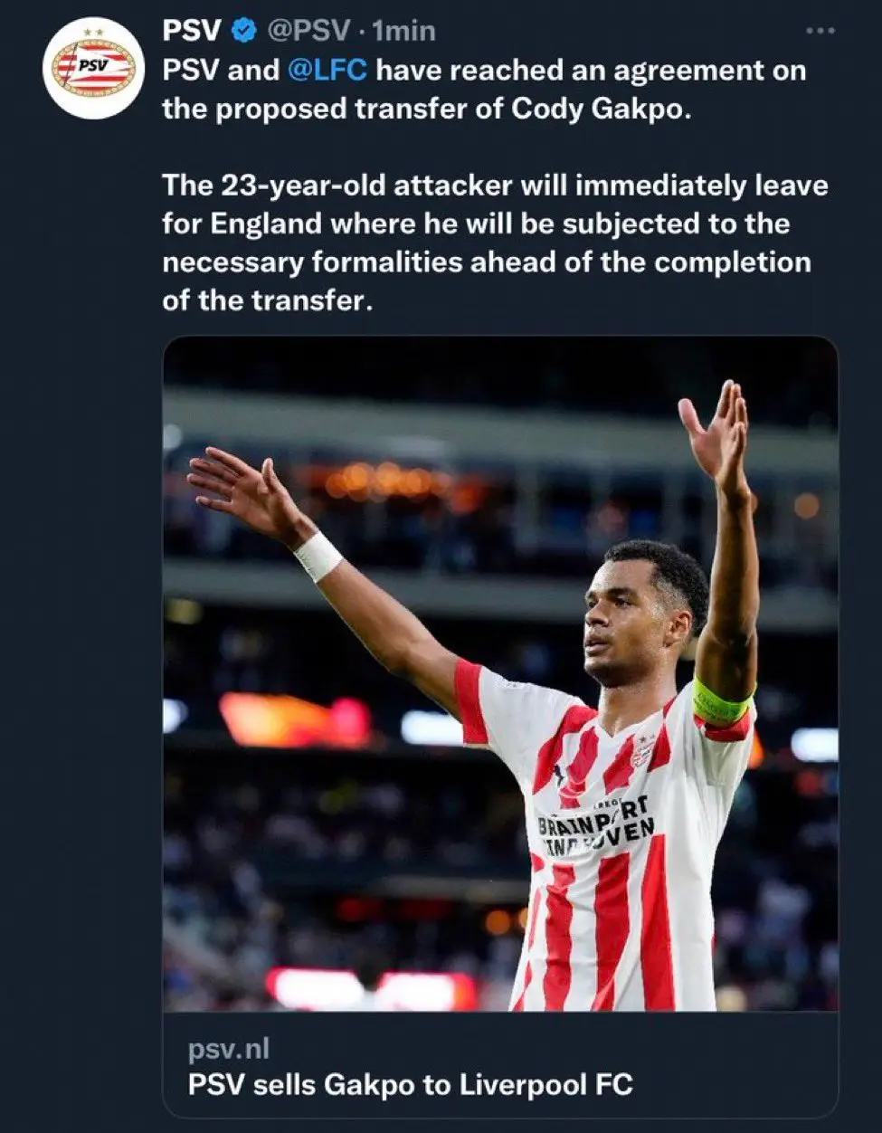PSV's official account confirmed the signing, before deleting it. Image: Twitter