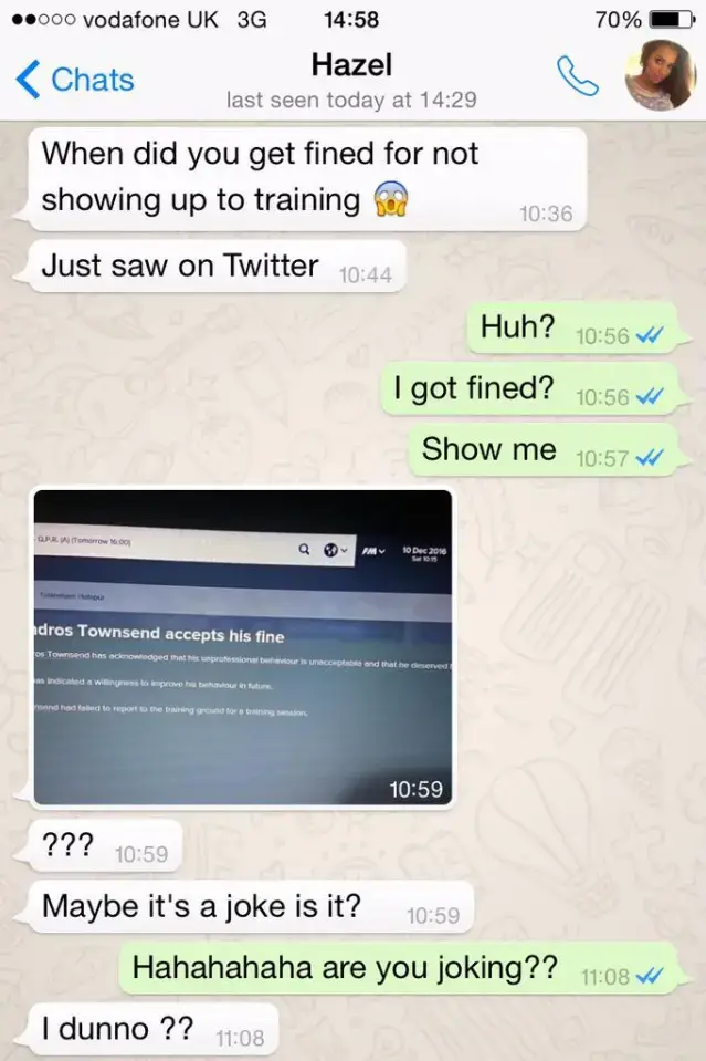 Andros Townsend revealed the texts his girlfriend sent him at the time on social media. (Image: @androstownsend)