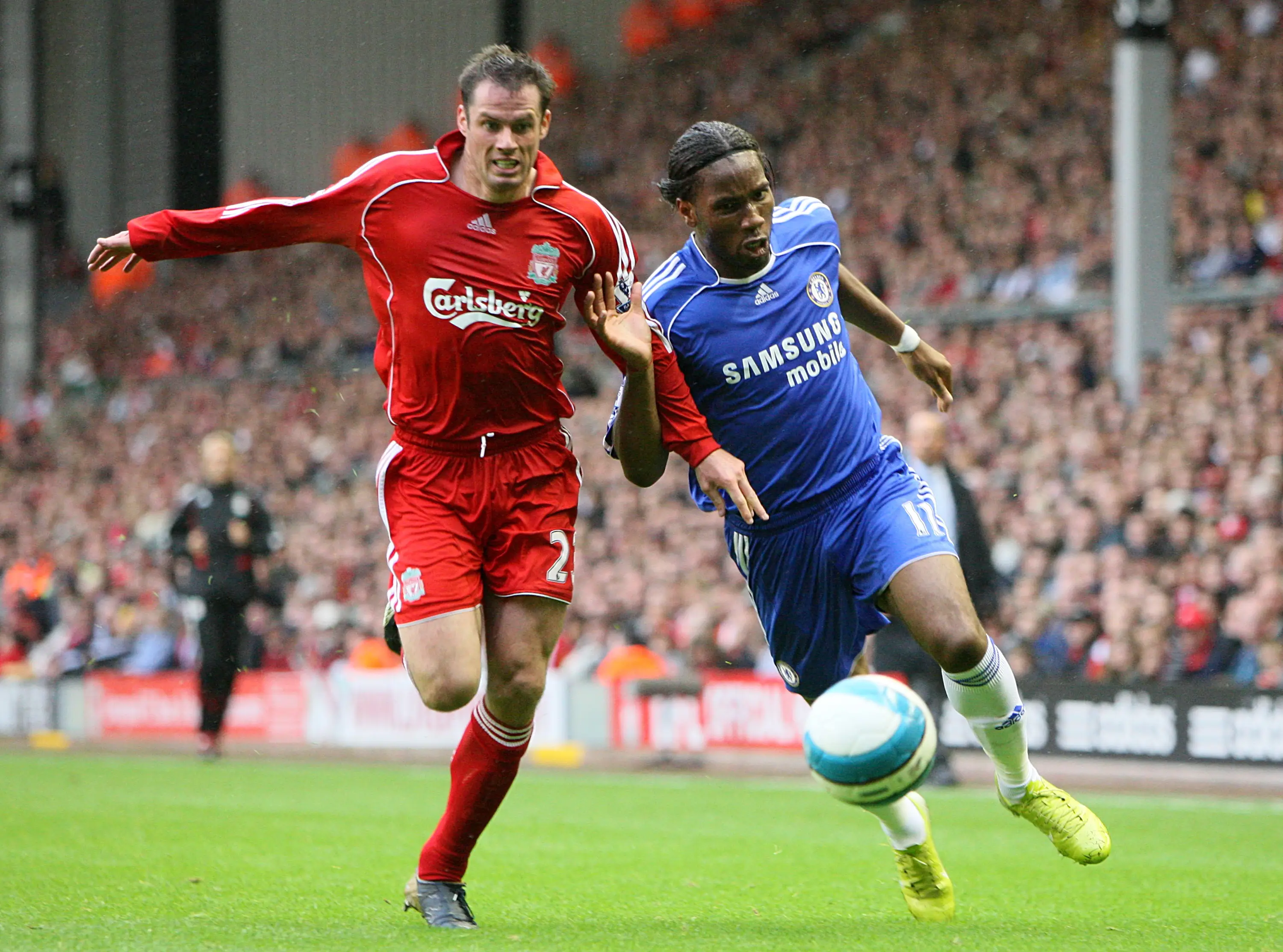 Jamie Carragher played against Didier Drogba plenty of times in his Liverpool career. Image: Getty