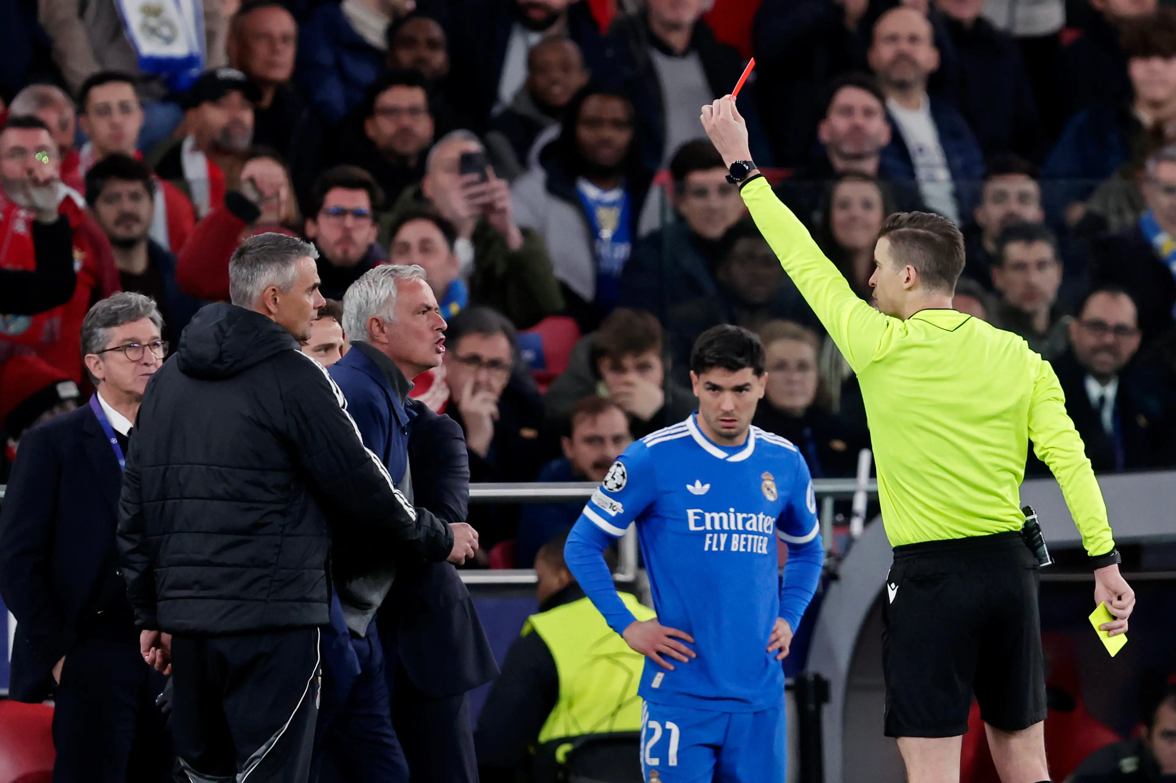 Jose Mourinho was sent off after a furious outburst towards referee Francois Letexier. Image credit: Getty