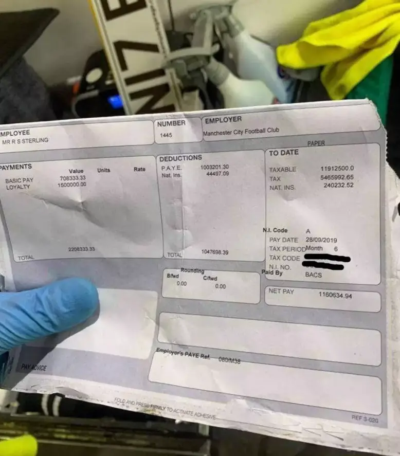 Raheem Sterling's supposed payslip from 2019 (Credit:X/@UpshotTowers)