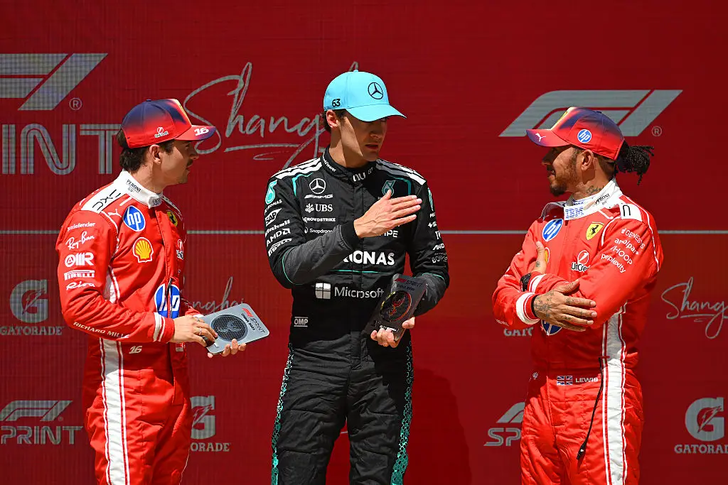 Charles Leclerc, George Russell and Lewis Hamilton after the Chinese GP Sprint (credit: getty)