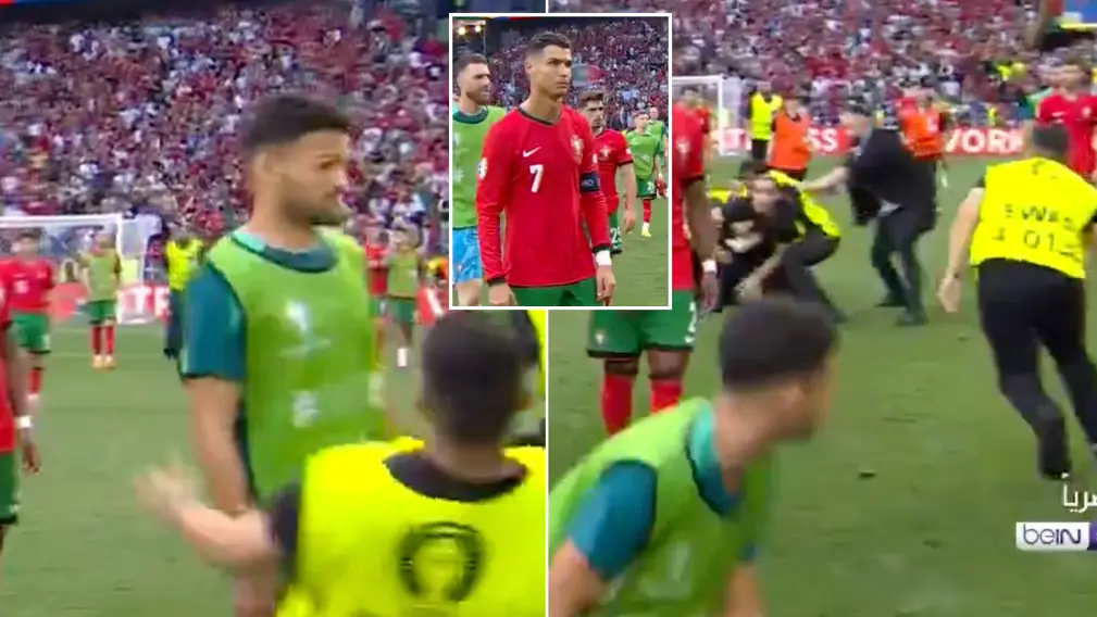 Security guard injures Portugal forward Goncalo Ramos after full-time whistle as pitch invaders cause mayhem