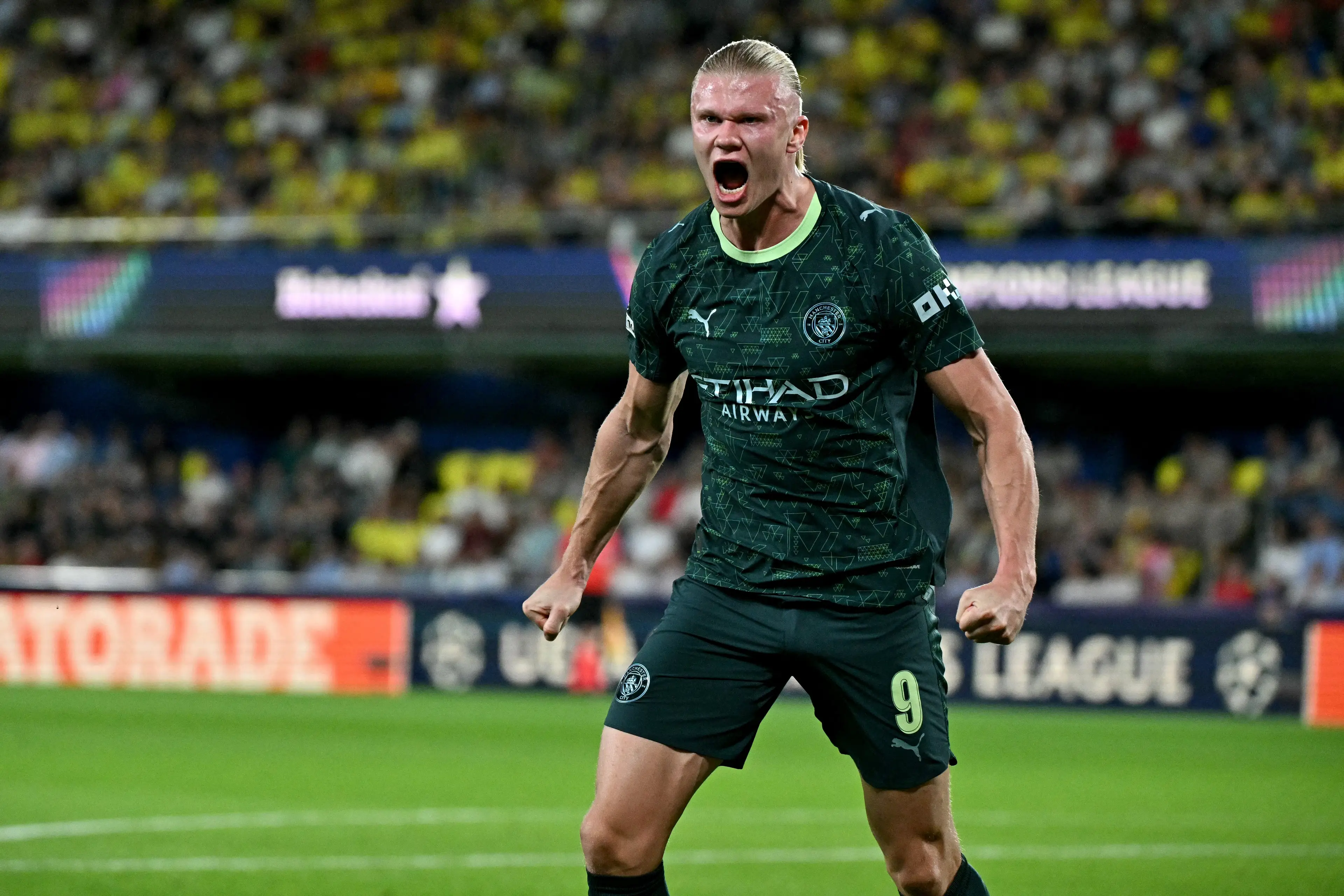 Erling Haaland celebrates scoring a goal in Manchester City's Champions League campaign. Image: Getty 