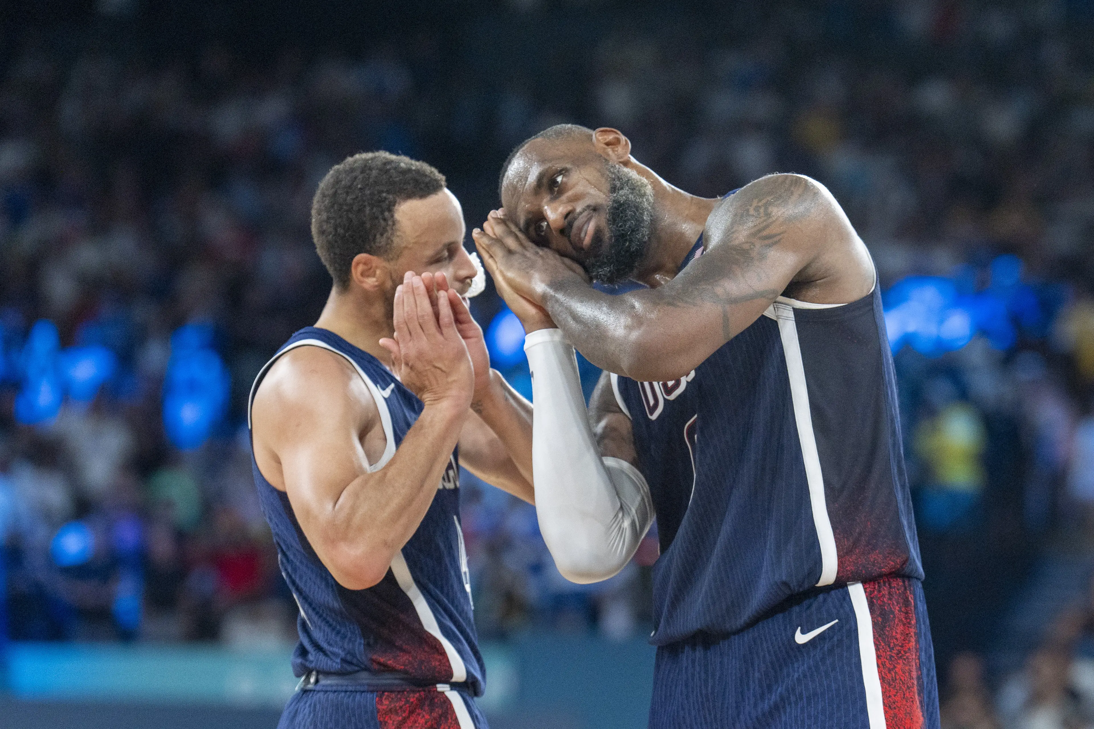 Steph Curry and LeBron James hit a celebration during France vs. USA. Image: Getty 