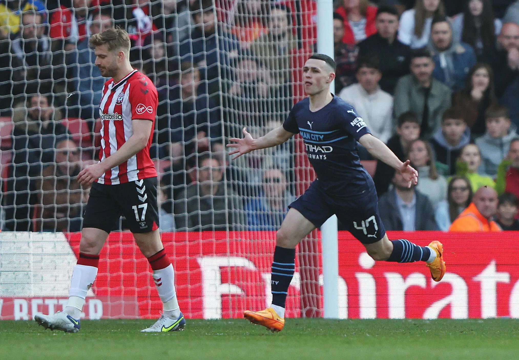 Phil Foden celebrates against Southampton in the FA Cup.