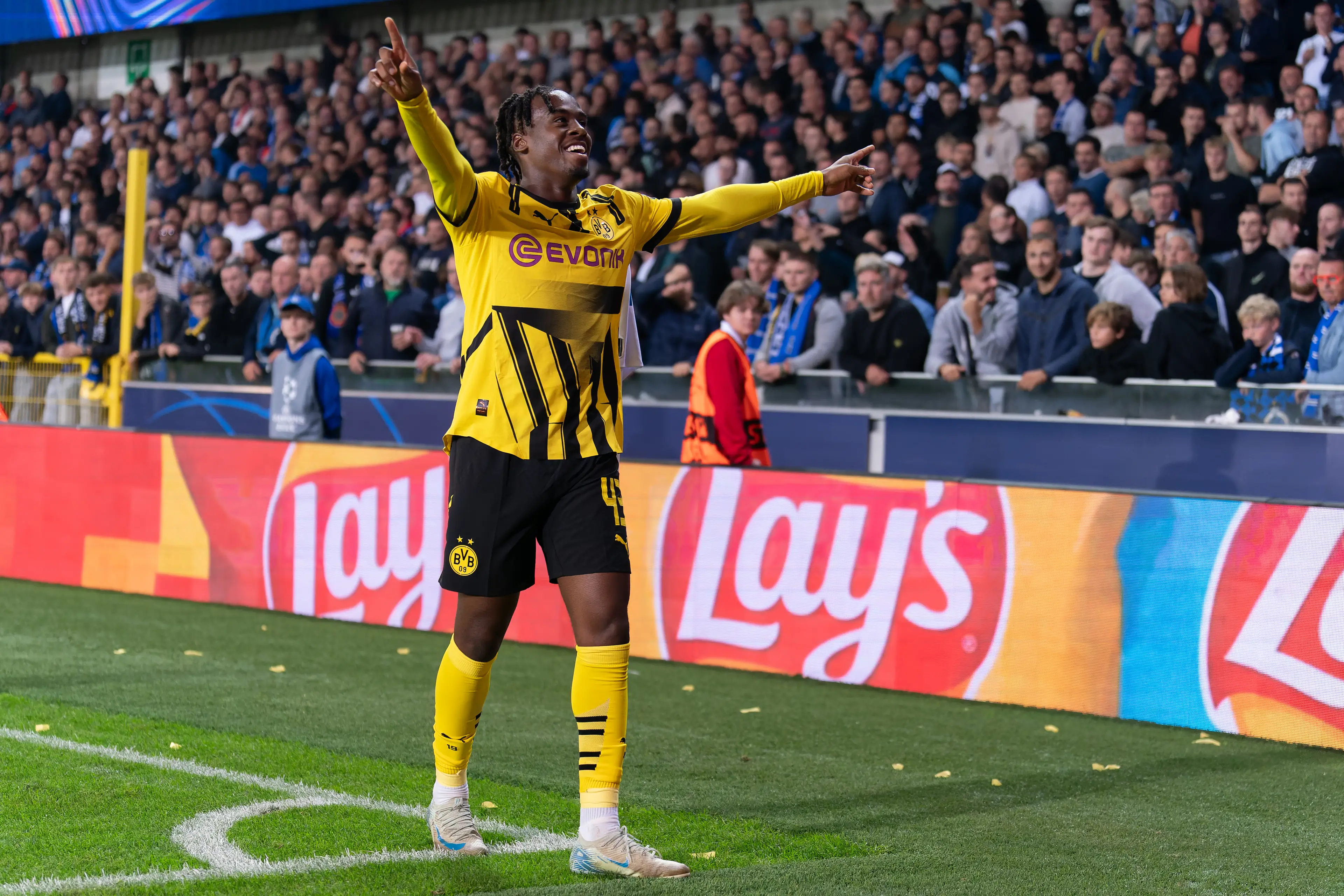 Jamie Gittens celebrates scoring against Club Brugge. Image: Getty