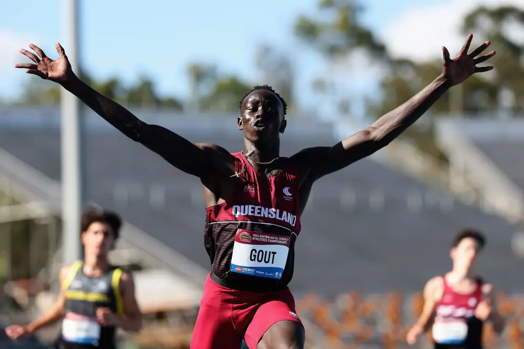 Gout Gout wins the 100 metre event at the 2024 Australian All Schools Championships (Image: Getty)