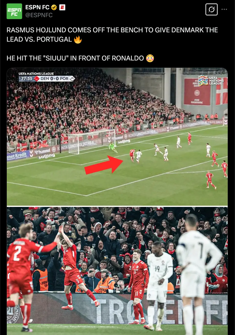 Hojlund performed Ronaldo's trademark celebration after scoring for Denmark (Image: Twitter / UEFA)