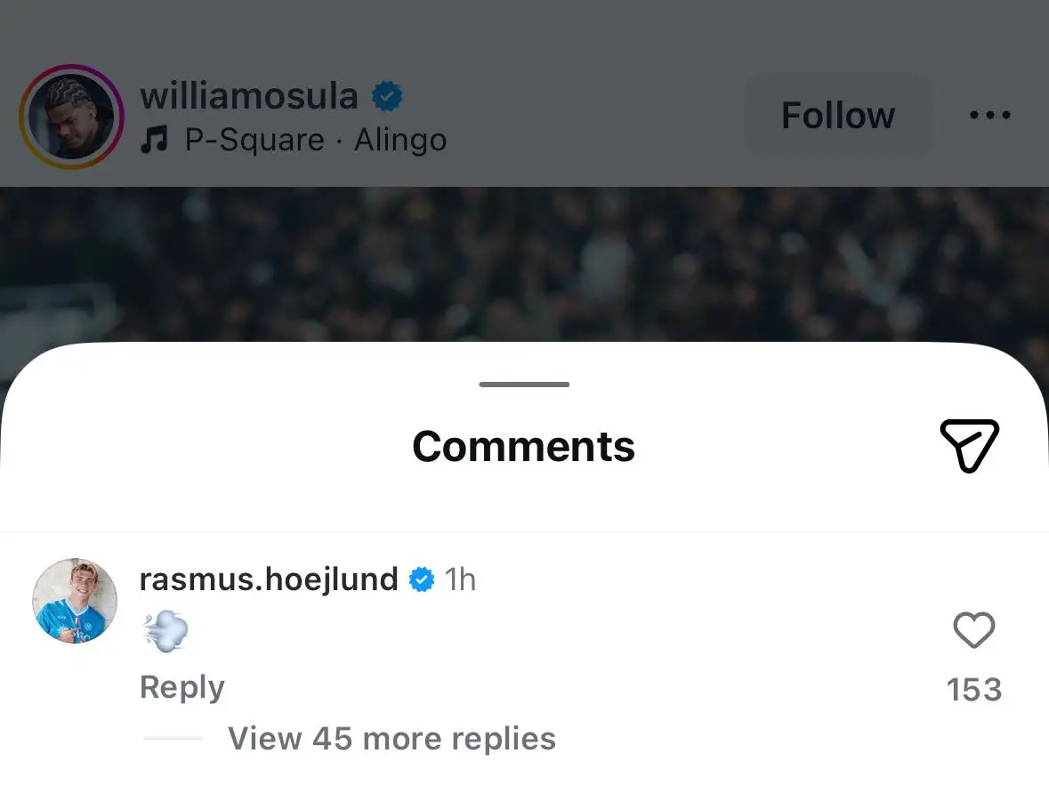 Rasmus Hojlund's Instagram post caused a stir online. Image: Instagram/@williamosula