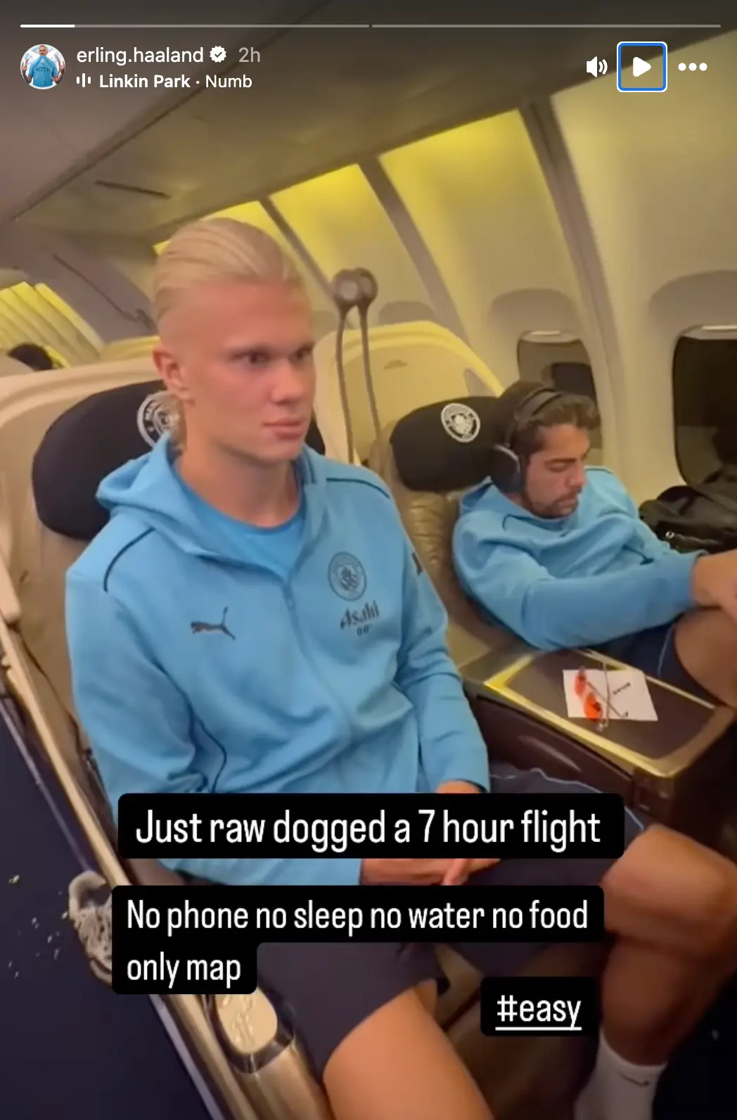 Erling Haaland claimed he 'raw-dogged' a seven-hour flight.