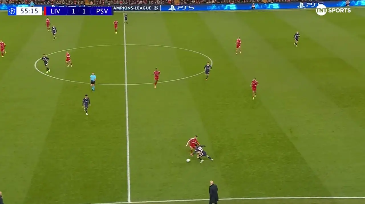 Dietmar Hamann slammed Mohamed Salah's act for PSV Eindhoven's second goal. Image: TNT Sports