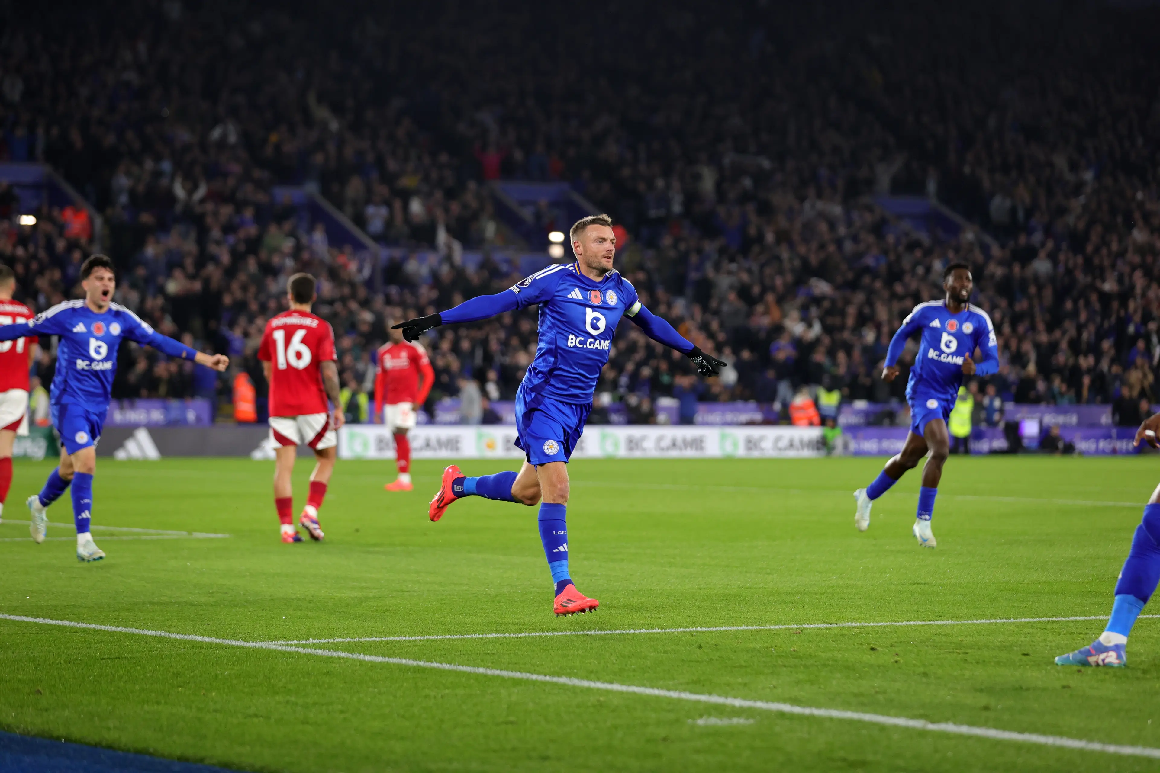 Jamie Vardy wheels away in celebration after scoring in the Premier League. Image: Getty