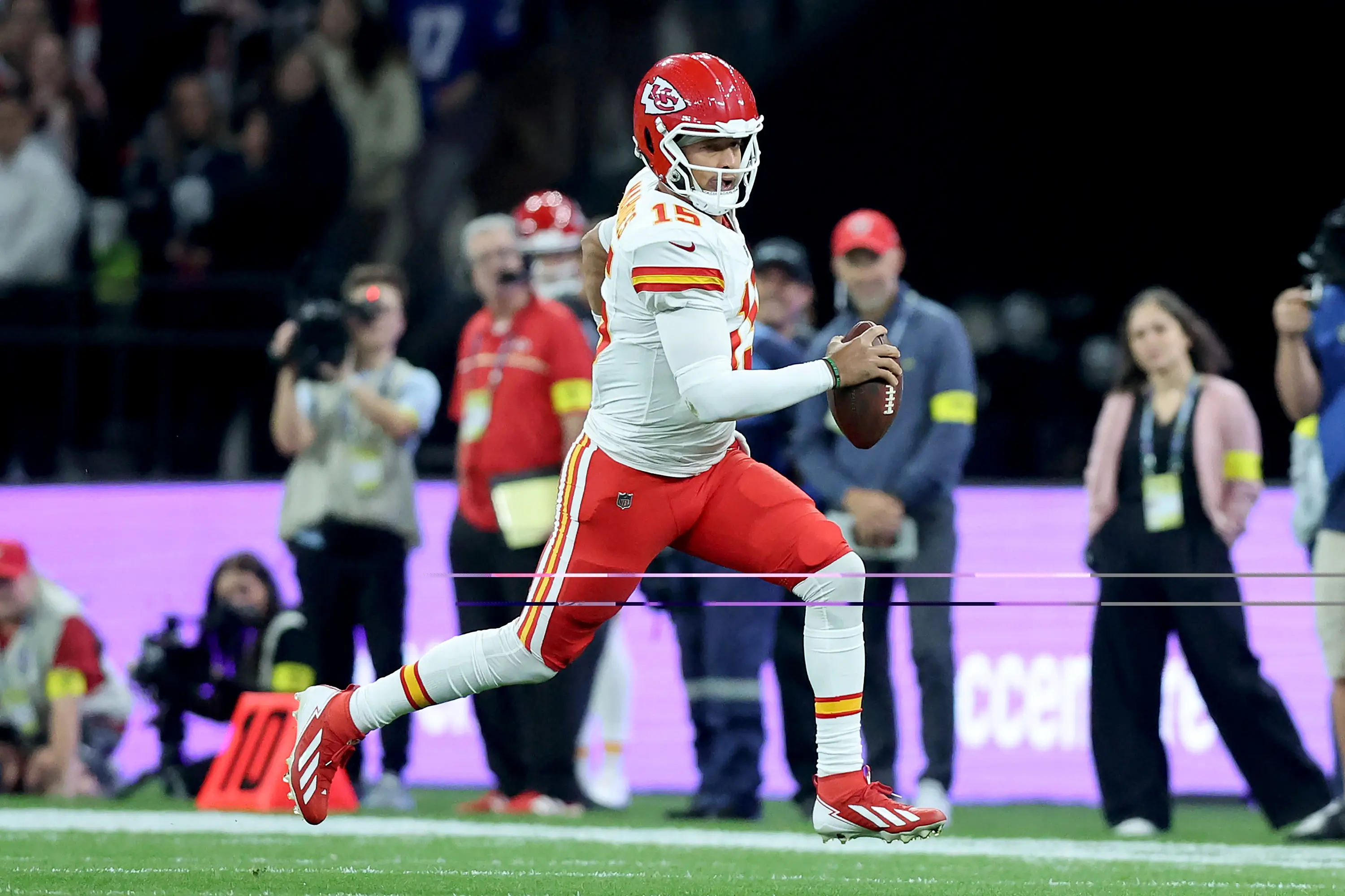 Patrick Mahomes with the ball. Image: Alexandre Schneider / Stringer via Getty