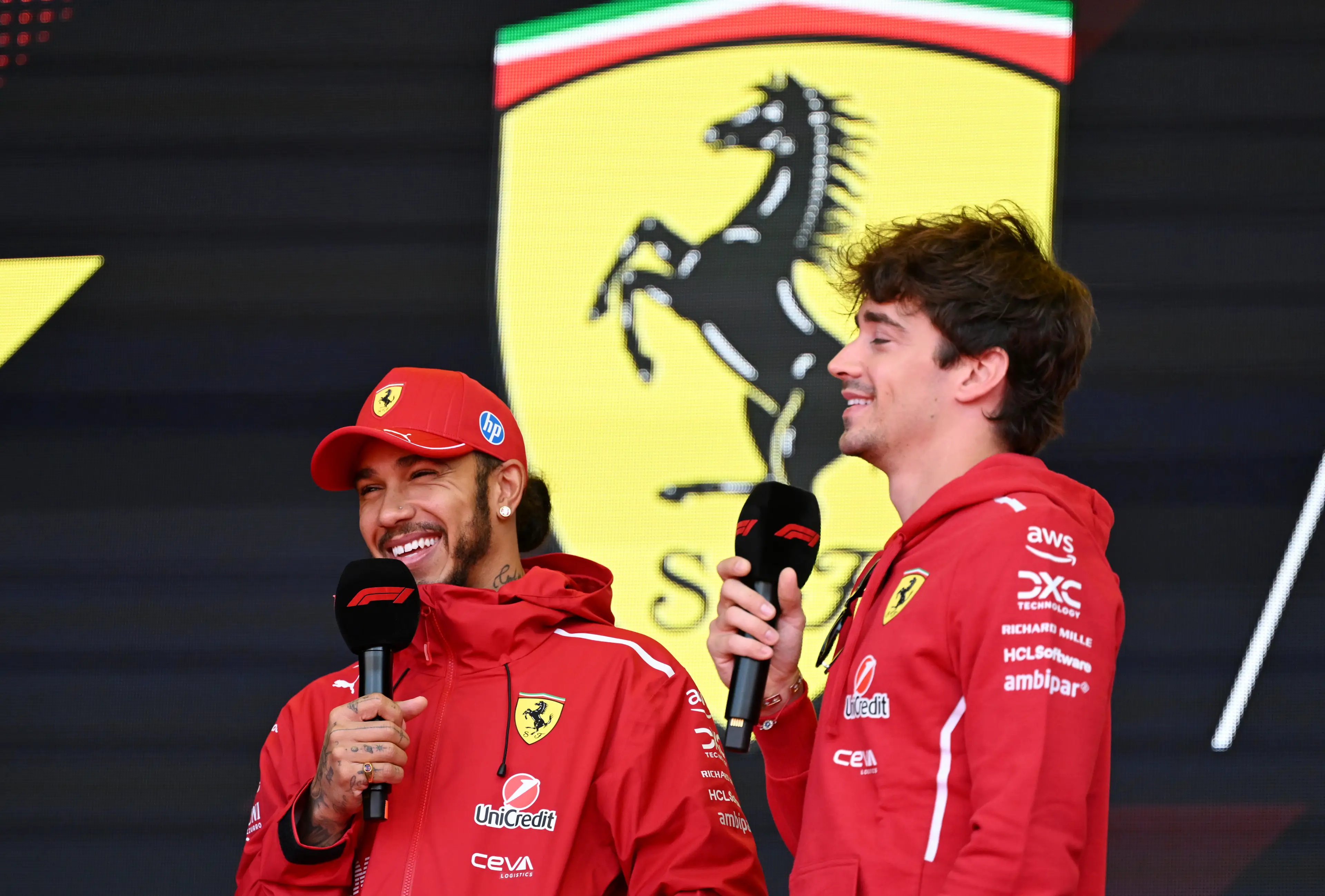 Lewis Hamilton and his Ferrari teammate Charles Leclerc. (Image: Mark Sutton - Formula 1 / Contributor via Getty)