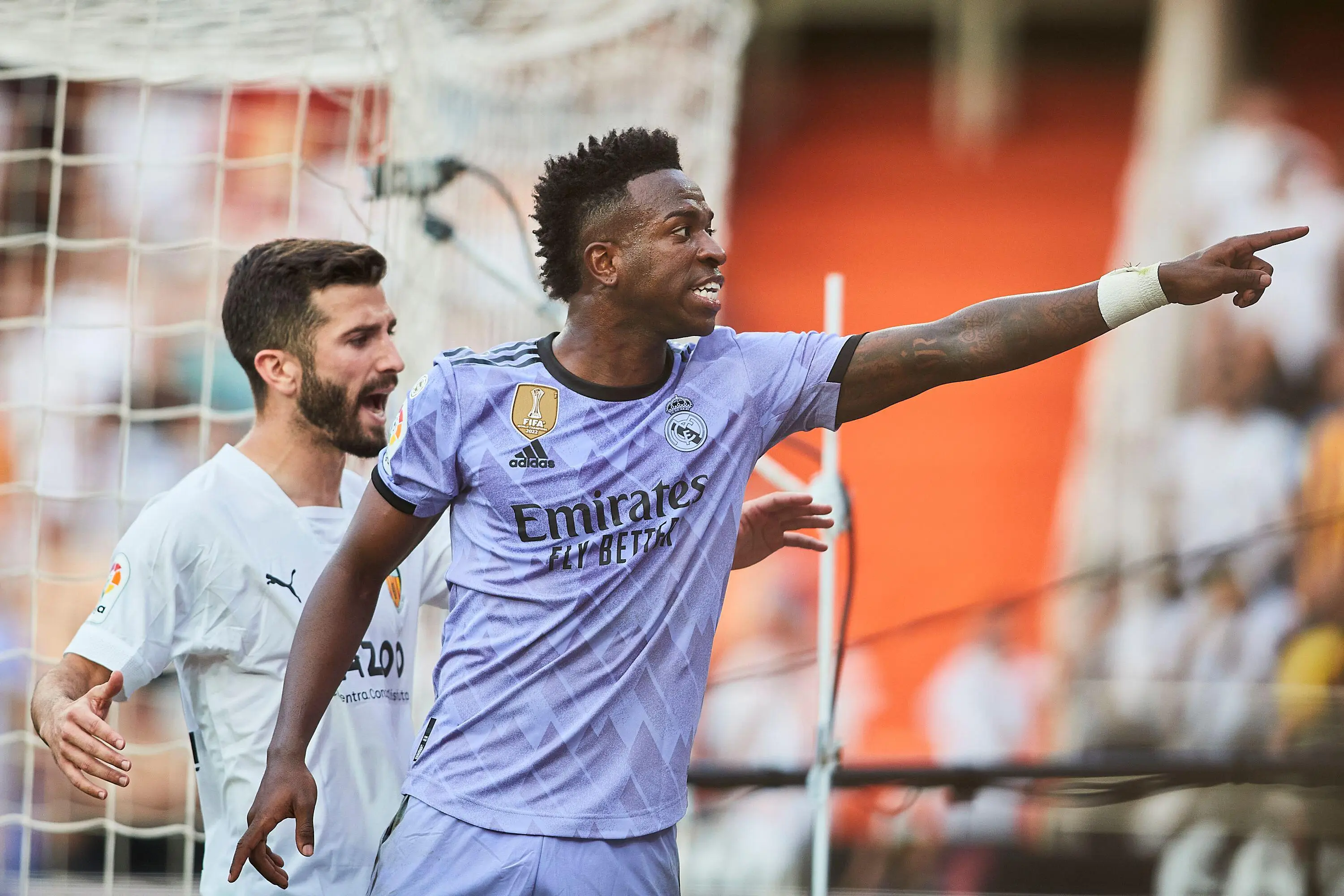 Vinicius calls out members of the crowd who racially abused him. Image: Alamy