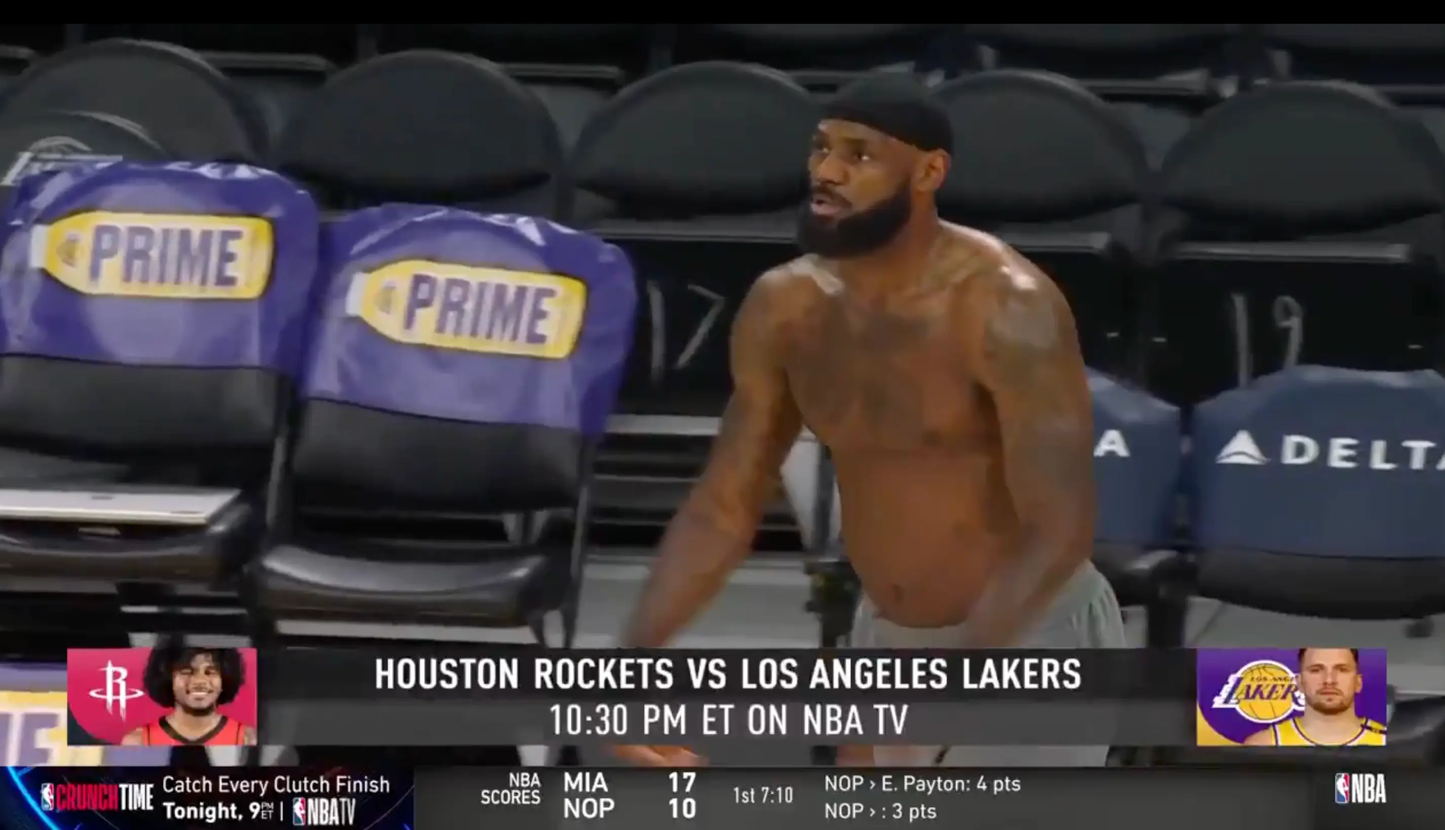 LeBron James warmed up without a shirt ahead of a game with Houston Rockets. Image: NBA TV