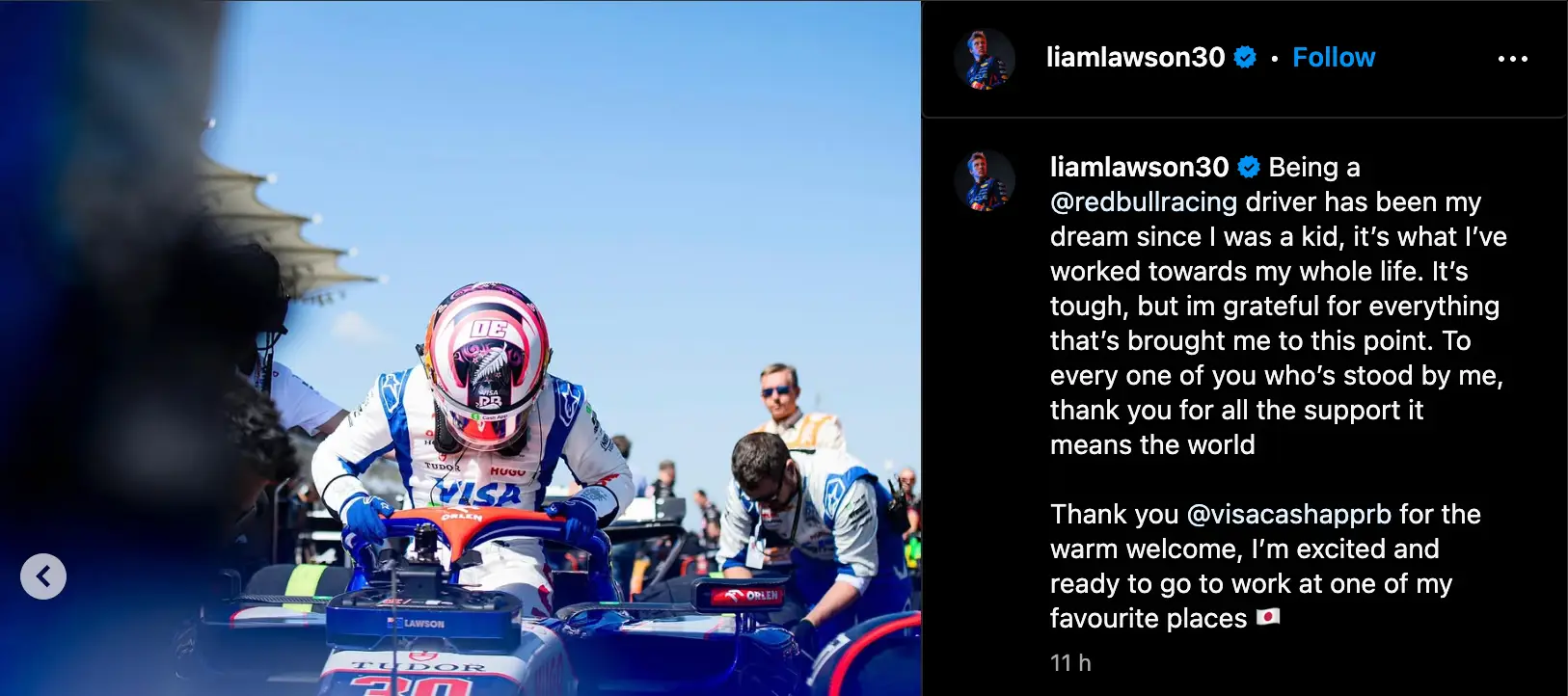 Liam Lawson reacts to his 'demotion' to Racing Bulls (Image: Liam Lawson/Instagram)