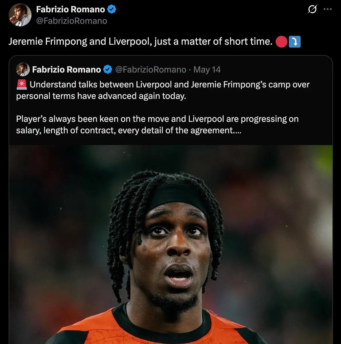 Fabrizio Romano has confirmed Liverpool are in 'advanced talks' with Jeremie Frimpong (Image: Twitter/@FabrizioRomano)