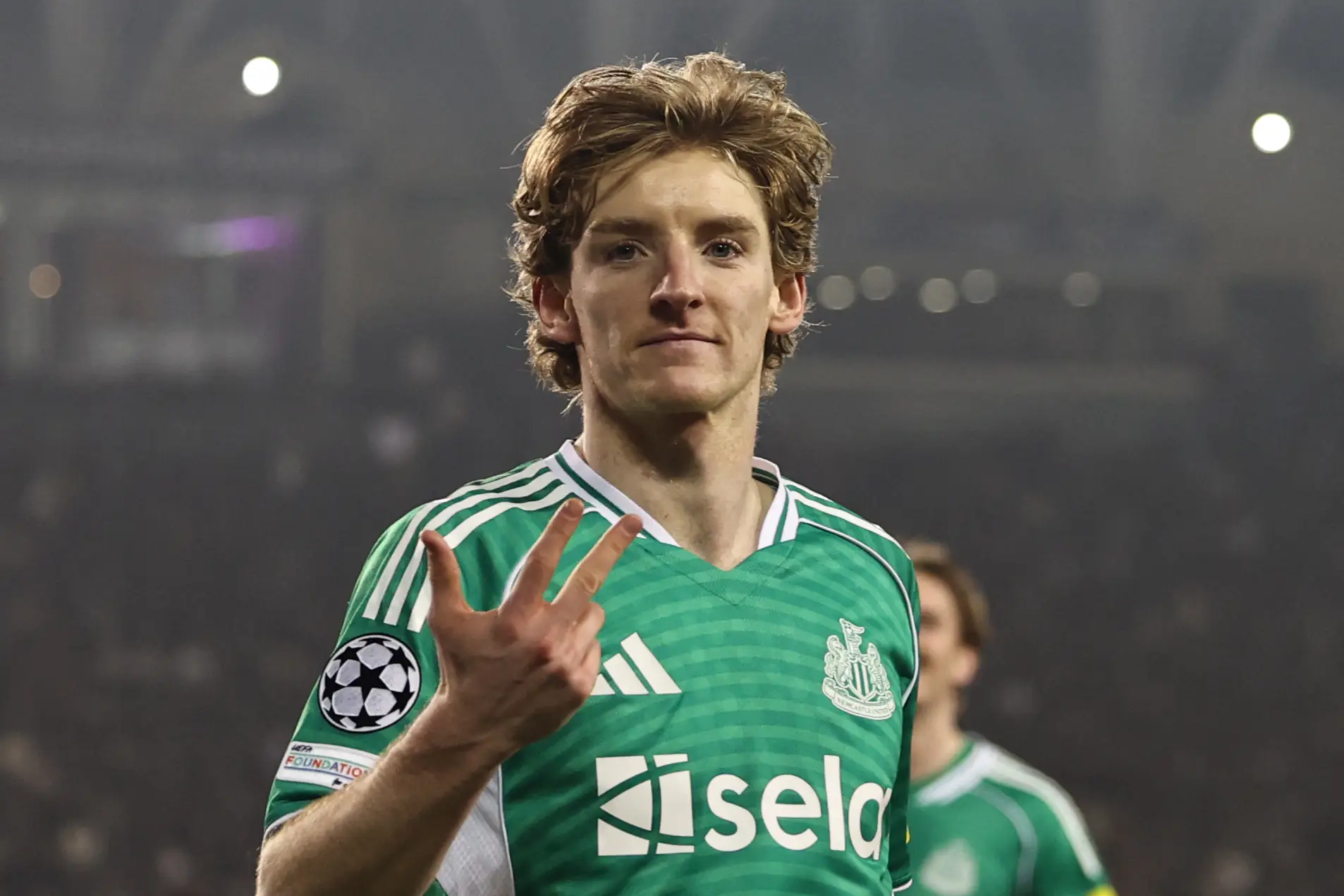 Anthony Gordon celebrates scoring a hat-trick against Qarabag. Image: Getty 