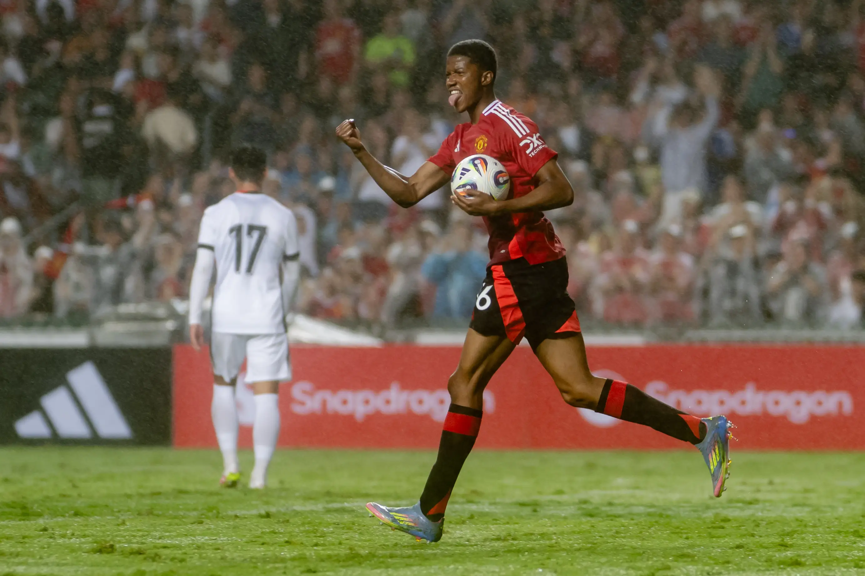 Chido Obi celebrates scoring a goal for Manchester United against Hong Kong. Image: Getty