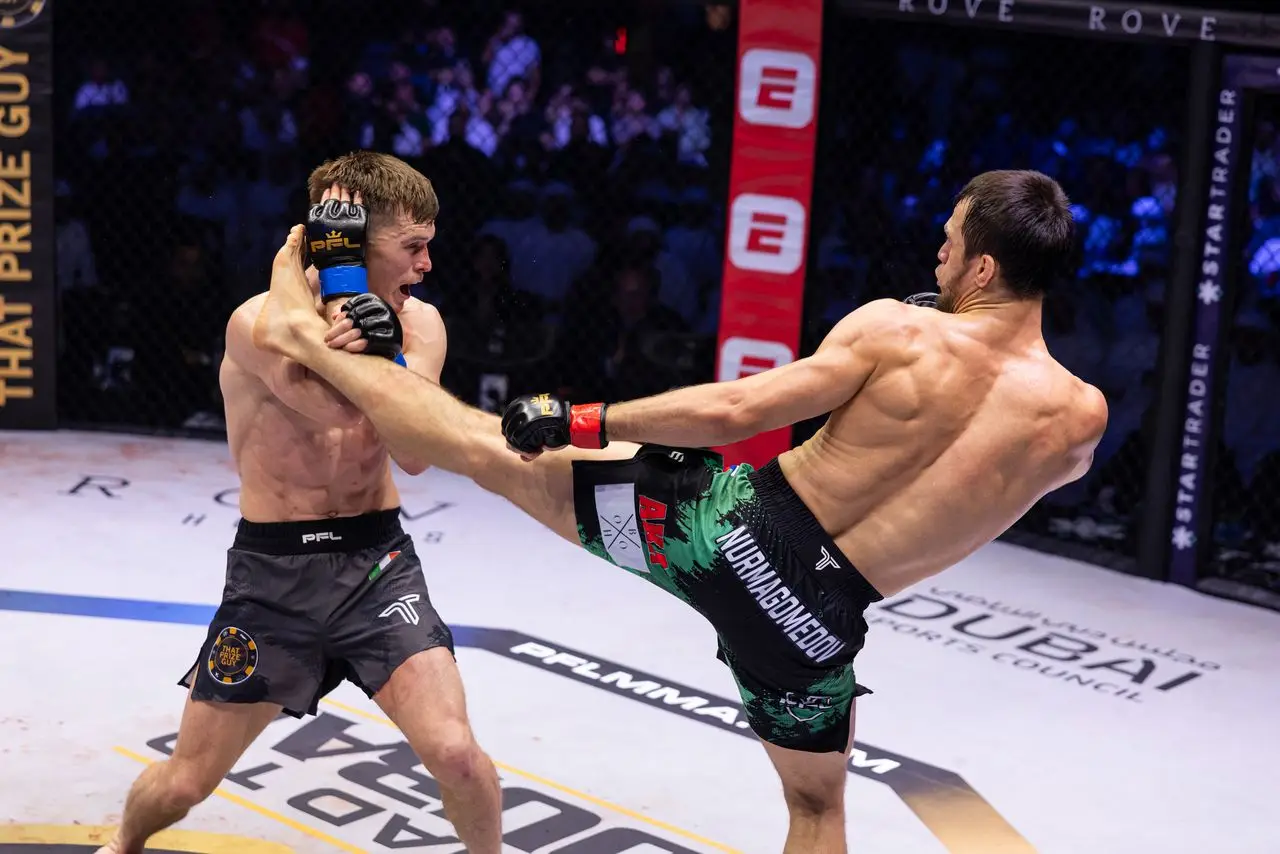 Usman Nurmagomedov and Paul Hughes during their PFL title bout. Image: PFL 
