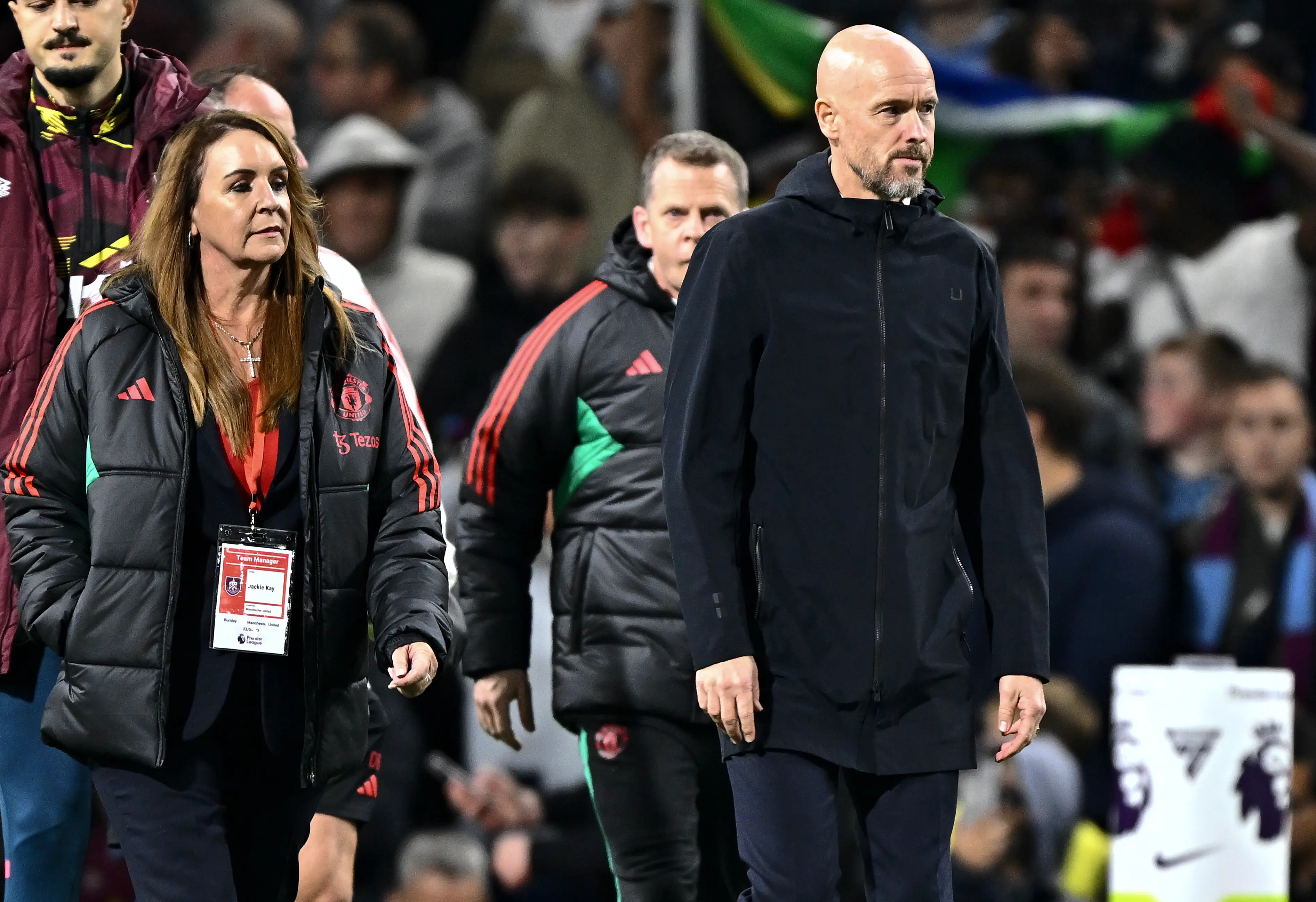 Jackie Kay is pictured with former United boss Erik ten Hag. Image: Getty