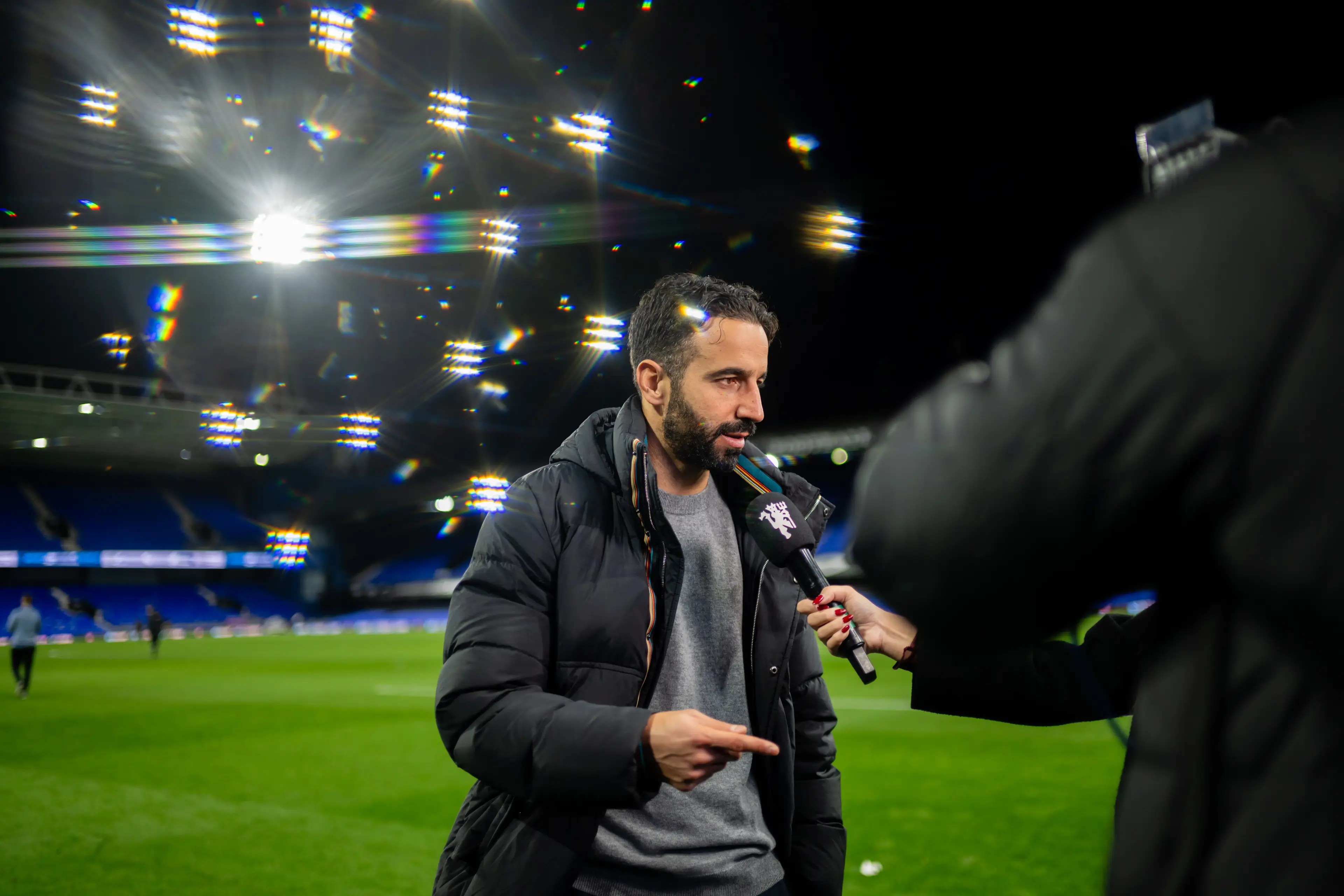 Ruben Amorim is interviewed after his first game in charge of Manchester United. Image: Getty