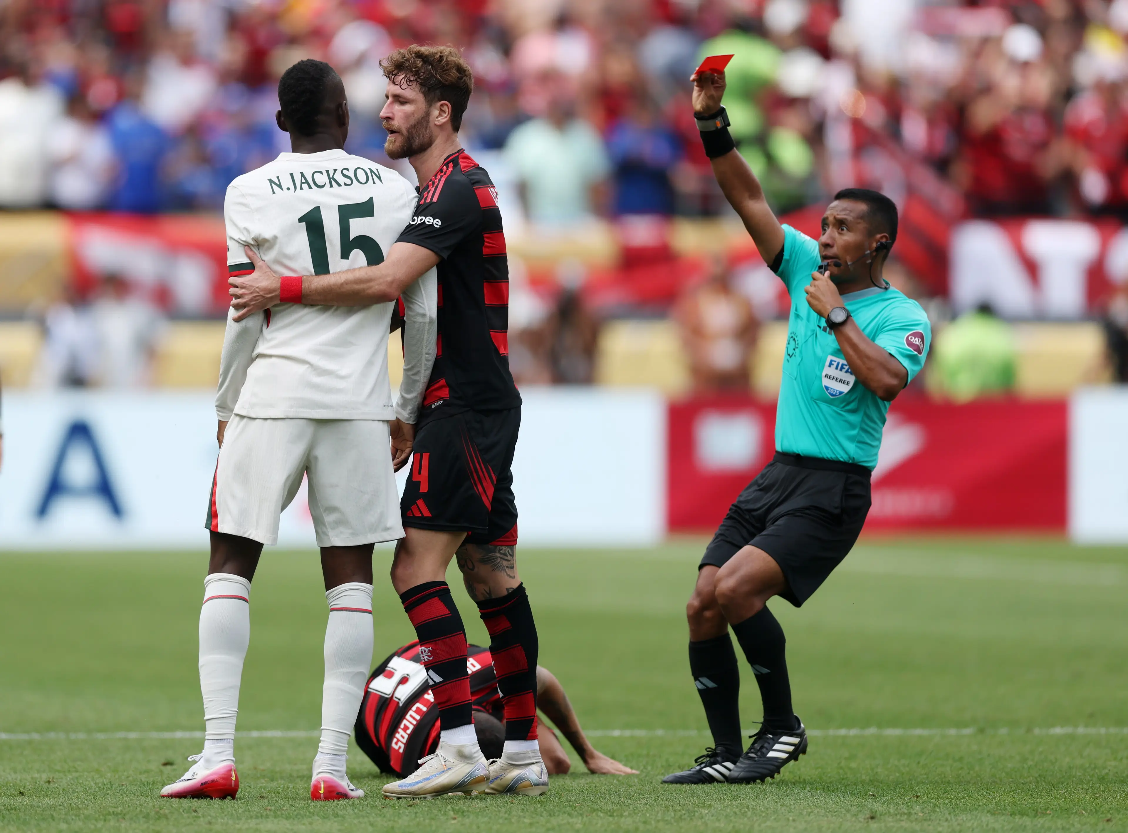 Nicolas Jackson was sent off as Chelsea fell to a defeat against Flamengo. Image: Getty