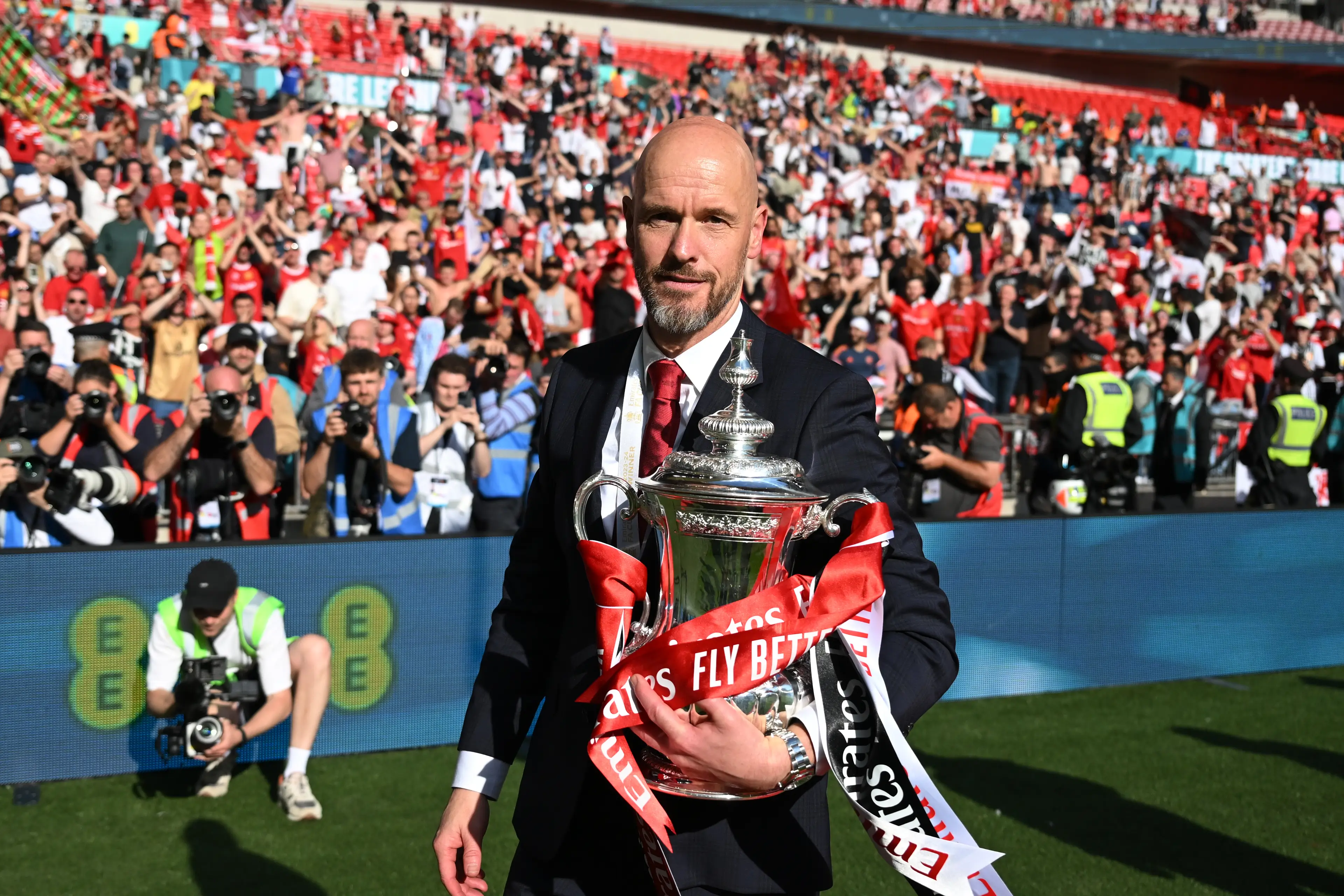 Erik ten Hag celebrates winning the FA Cup. Image: Getty