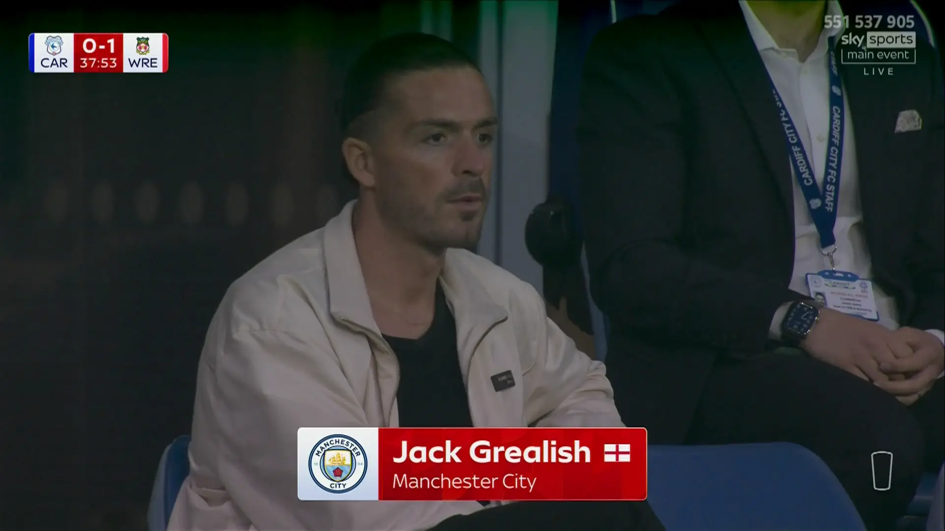 Jack Grealish was in the stands for the 1-1 draw between Cardiff City and Wrexham. Image credit: Sky Sports