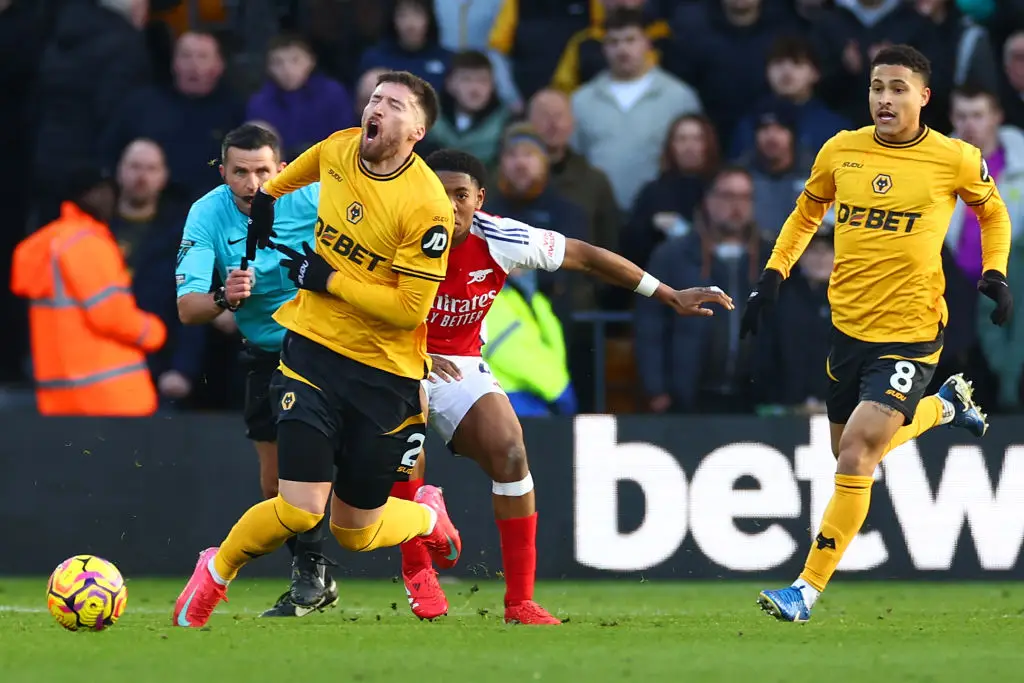 Lewis-Skelly brought down Wolves defender Matt Doherty (Image: Getty)