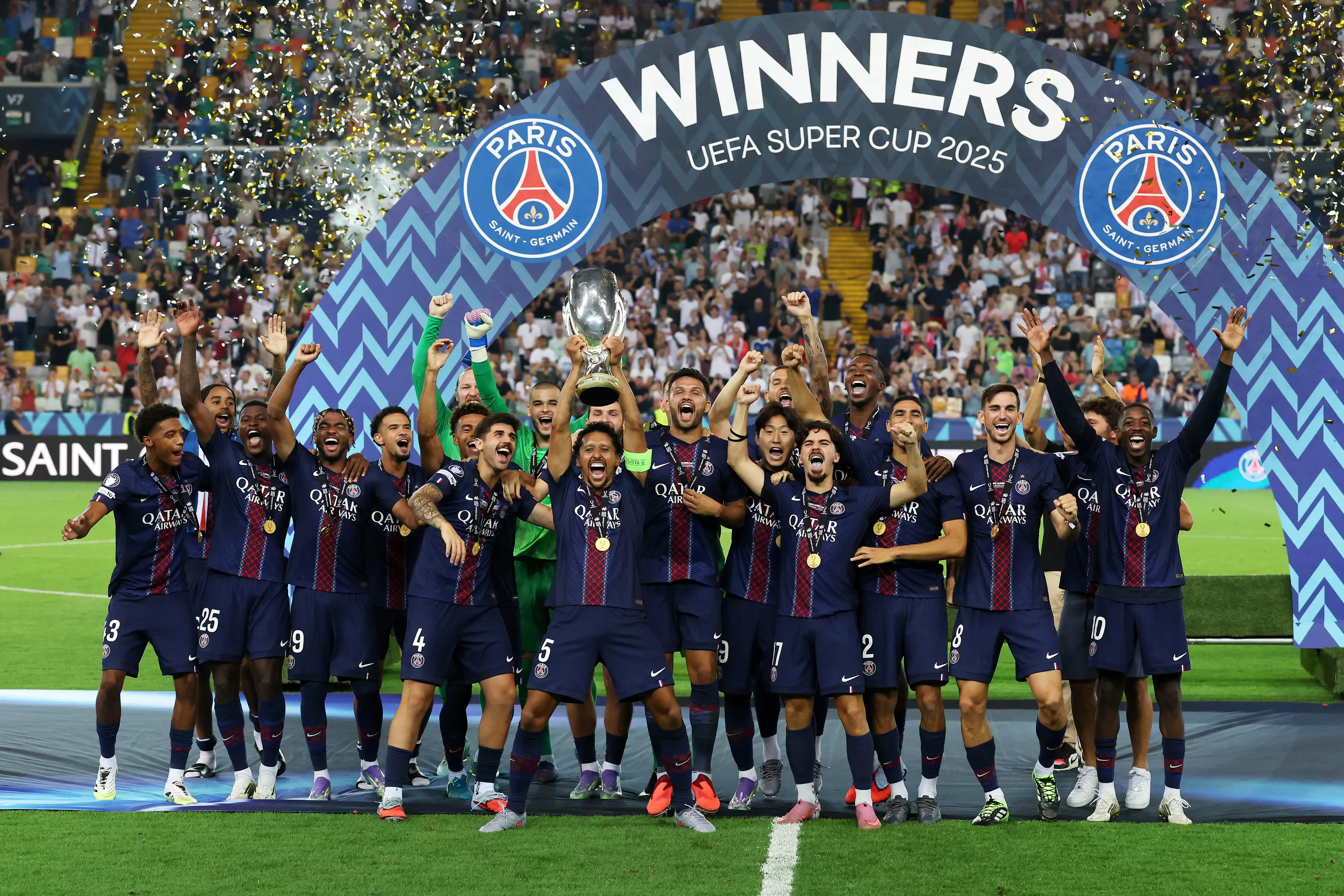 PSG celebrate Super Cup success over Tottenham / Photo by Claudio Villa/Getty Images