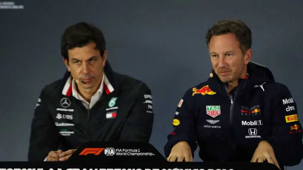 Mercedes team principal Toto Wolff and Red Bull team principal Christian Horner pictured (Image: Getty)