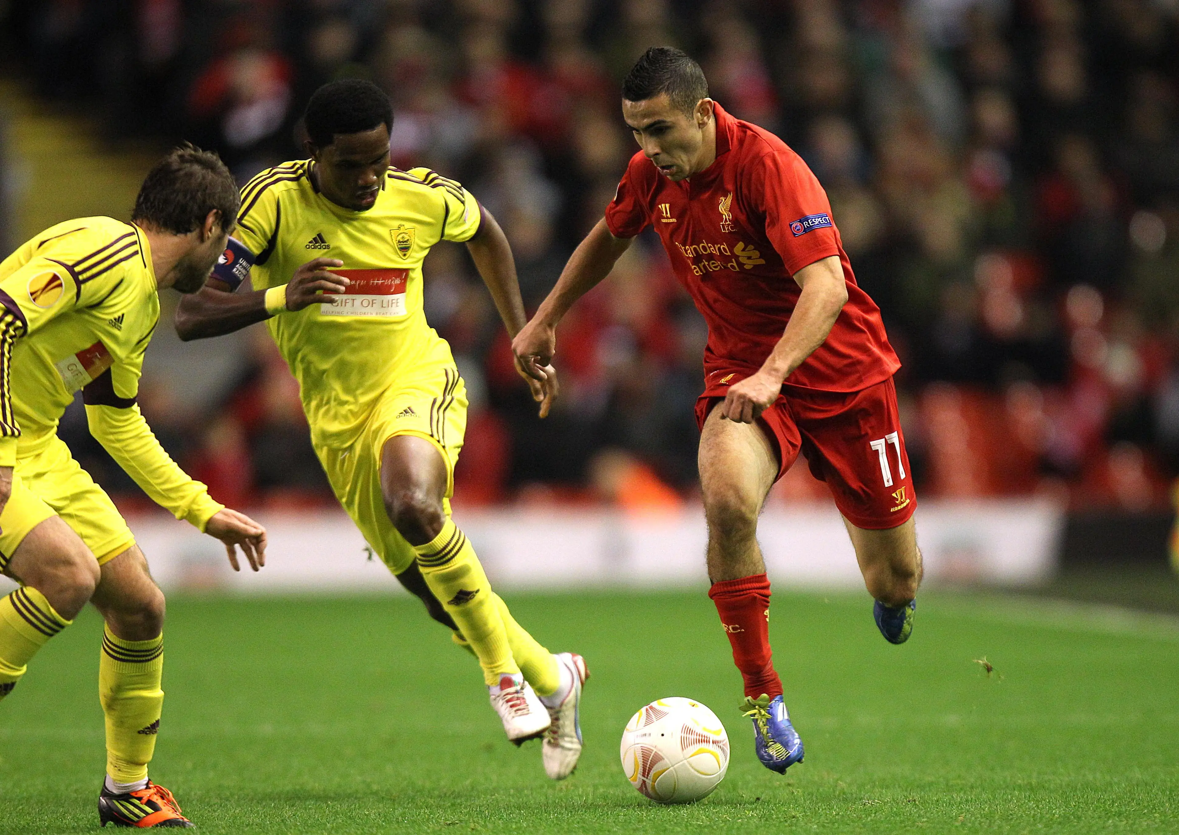 Eto'o playing against Liverpool for the Russian club. Image: Alamy