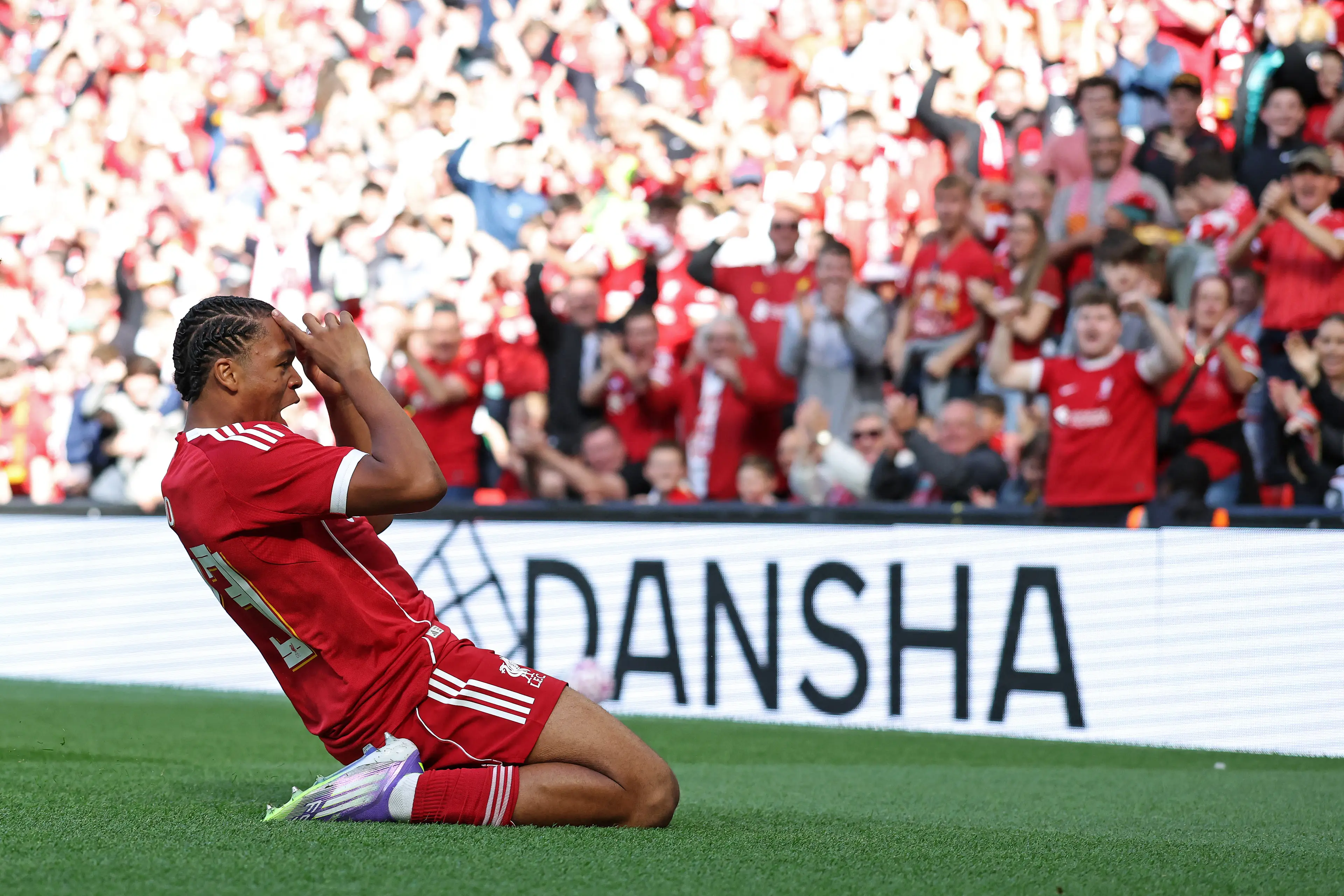 Ngumoha celebrates his goal against Athletic Bilbao. Image credit: Getty