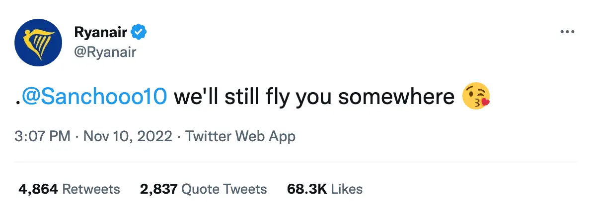 Ryanair's tweet to Sancho. (Image