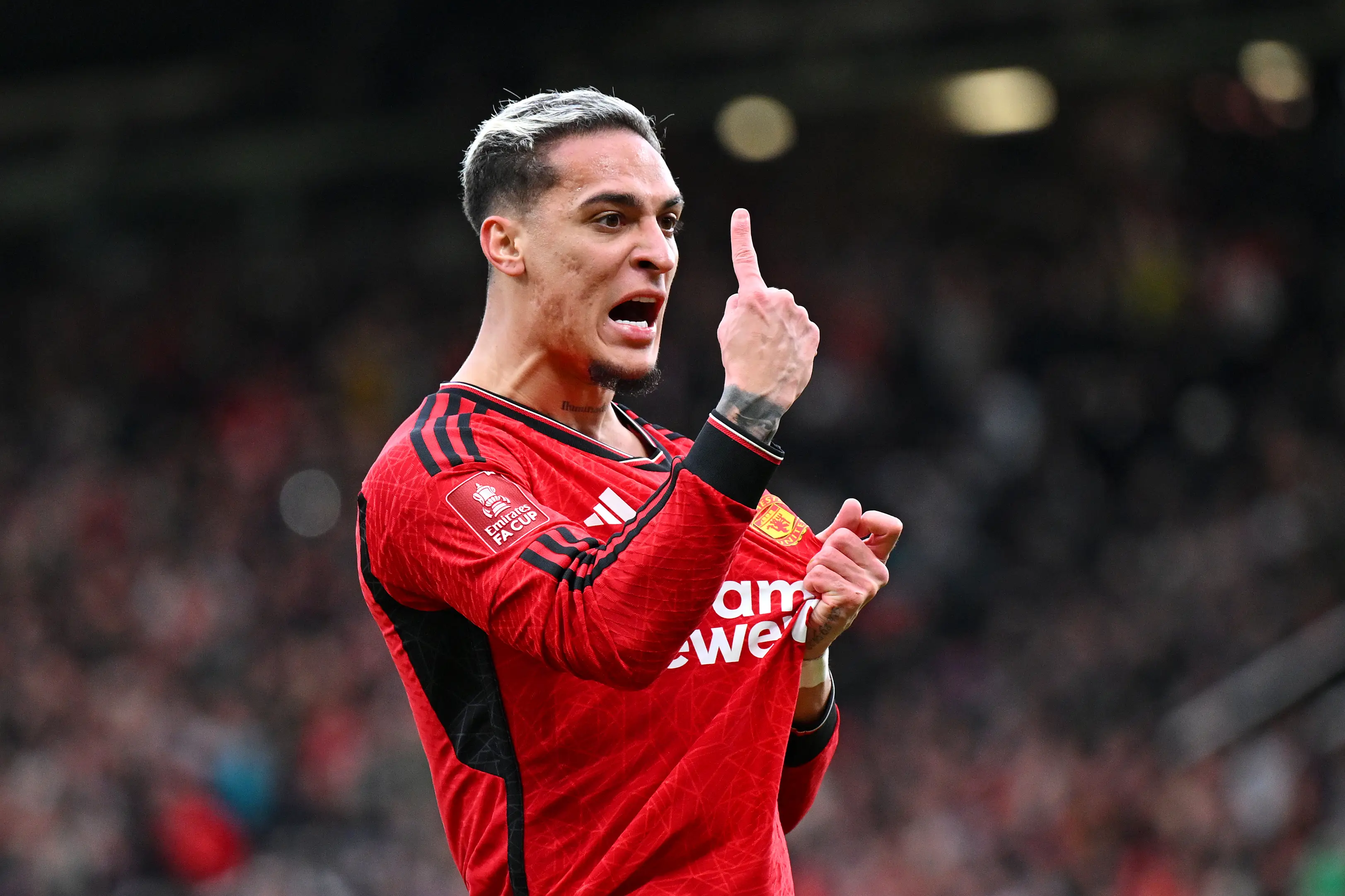 Antony celebrates scoring a goal against Liverpool. Image: Getty 
